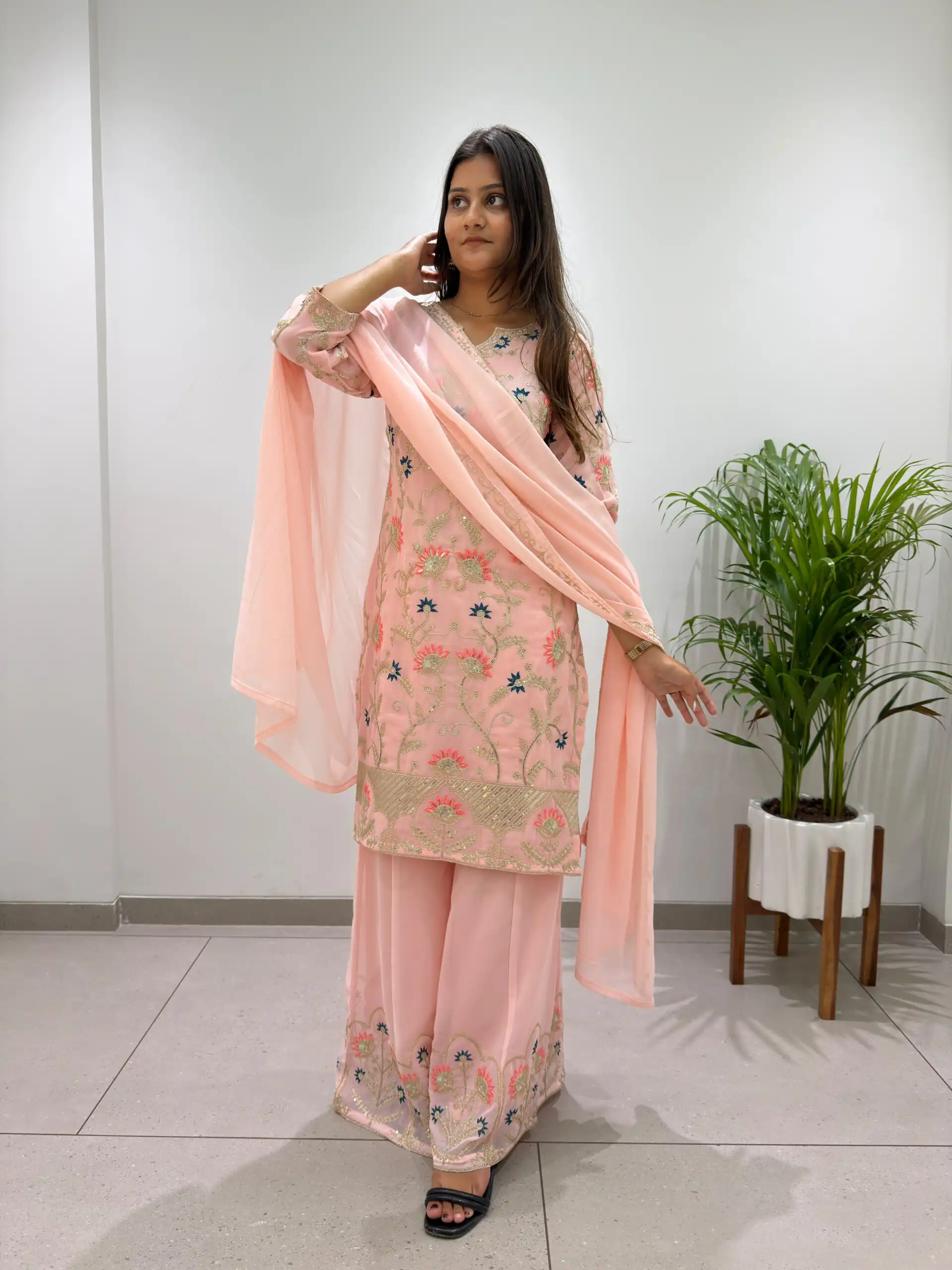 BE 486 Peach Faux Georgette Salwar Suit with Mirror Work & Embroidery Work. Get it for ₹2449. Delivery 4-6 Working Days. Shop now. | Jump Suits, Salwar suit, Designer Suits, Casual Suits, Creative suits, Palazzo Suits, Party Wear Suits, Patiala Suits, Straight Suits