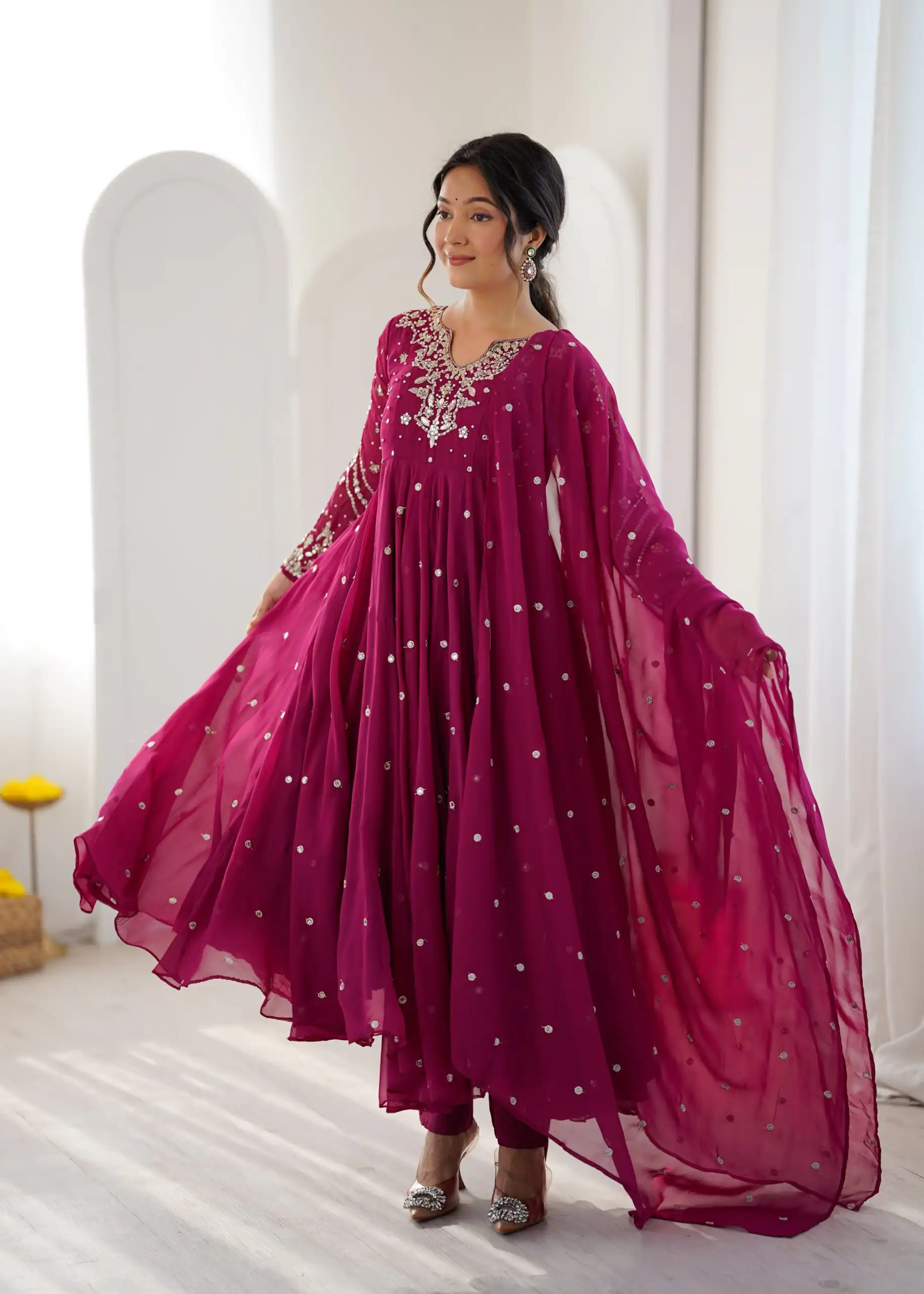 JF 056 Pink Faux Georgette Salwar Suit with Mirror Work & Embroidery Work. Get it for ₹2349. Delivery 4-6 Working Days. Shop now. | Jump Suits, Salwar suit, Designer Suits, Casual Suits, Creative suits, Palazzo Suits, Party Wear Suits, Patiala Suits, Straight Suits