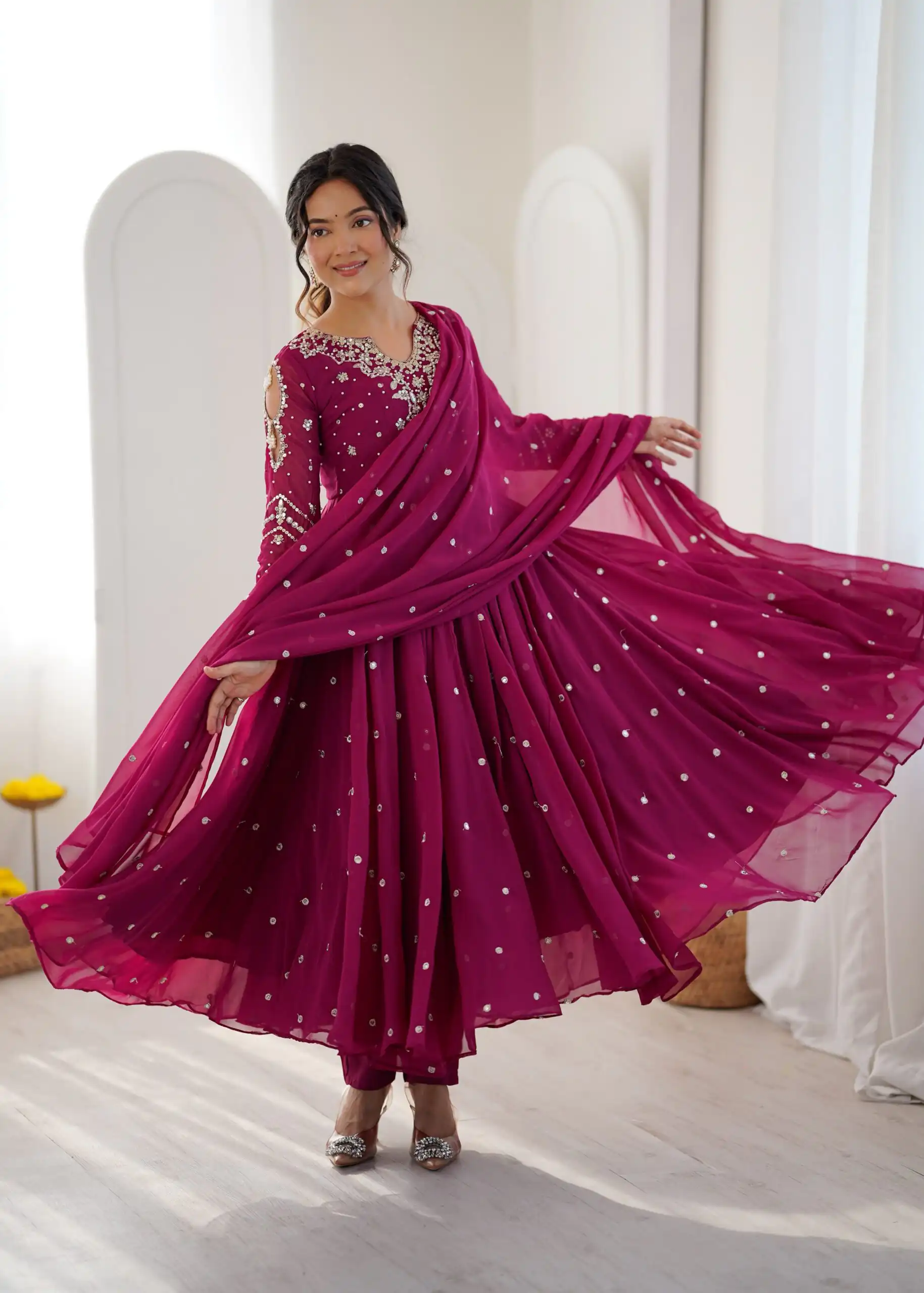 JF 056 Pink Faux Georgette Salwar Suit with Mirror Work & Embroidery Work. Get it for ₹2349. Delivery 4-6 Working Days. Shop now. | Jump Suits, Salwar suit, Designer Suits, Casual Suits, Creative suits, Palazzo Suits, Party Wear Suits, Patiala Suits, Straight Suits
