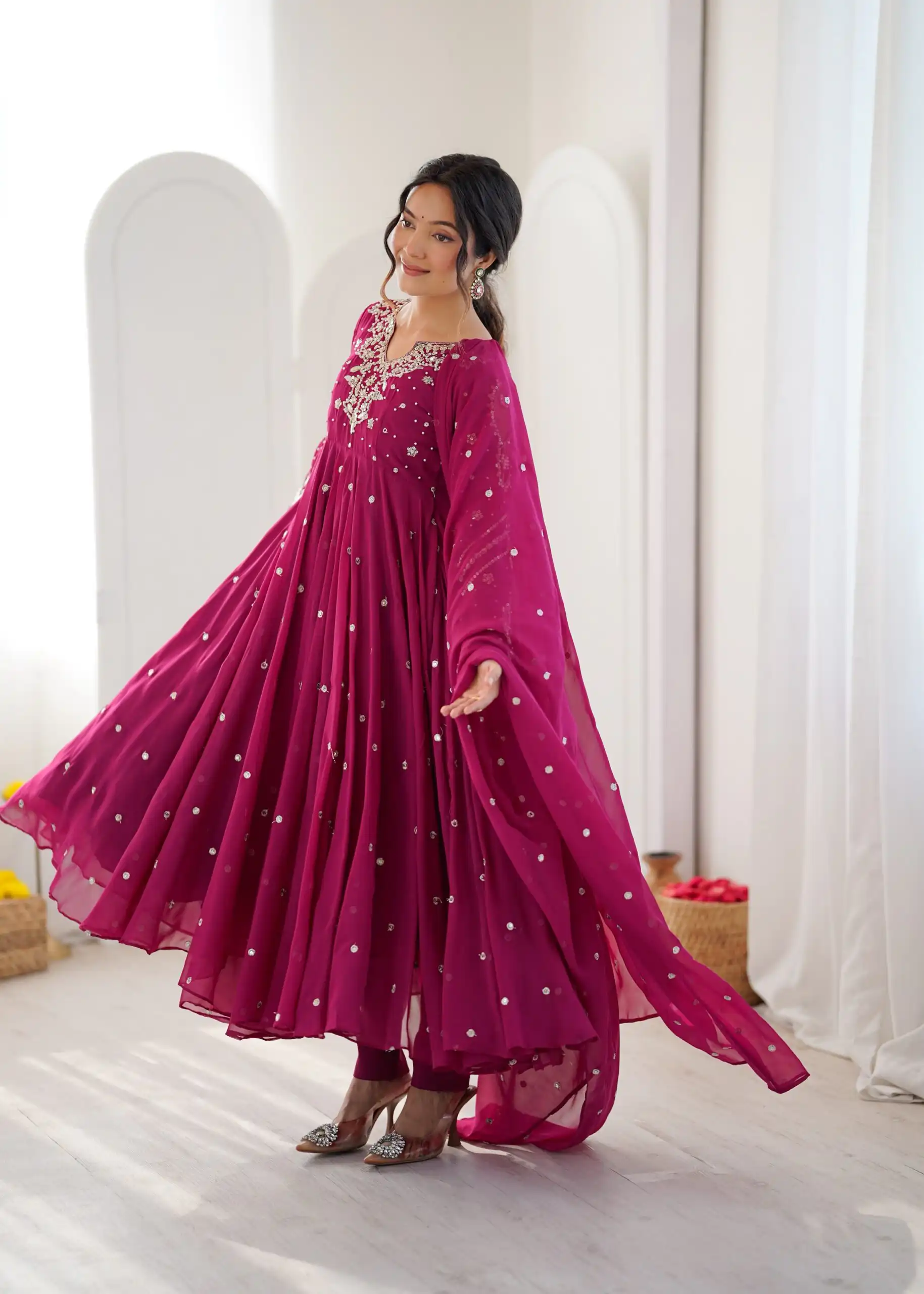 JF 056 Pink Faux Georgette Salwar Suit with Mirror Work & Embroidery Work. Get it for ₹2349. Delivery 4-6 Working Days. Shop now. | Jump Suits, Salwar suit, Designer Suits, Casual Suits, Creative suits, Palazzo Suits, Party Wear Suits, Patiala Suits, Straight Suits