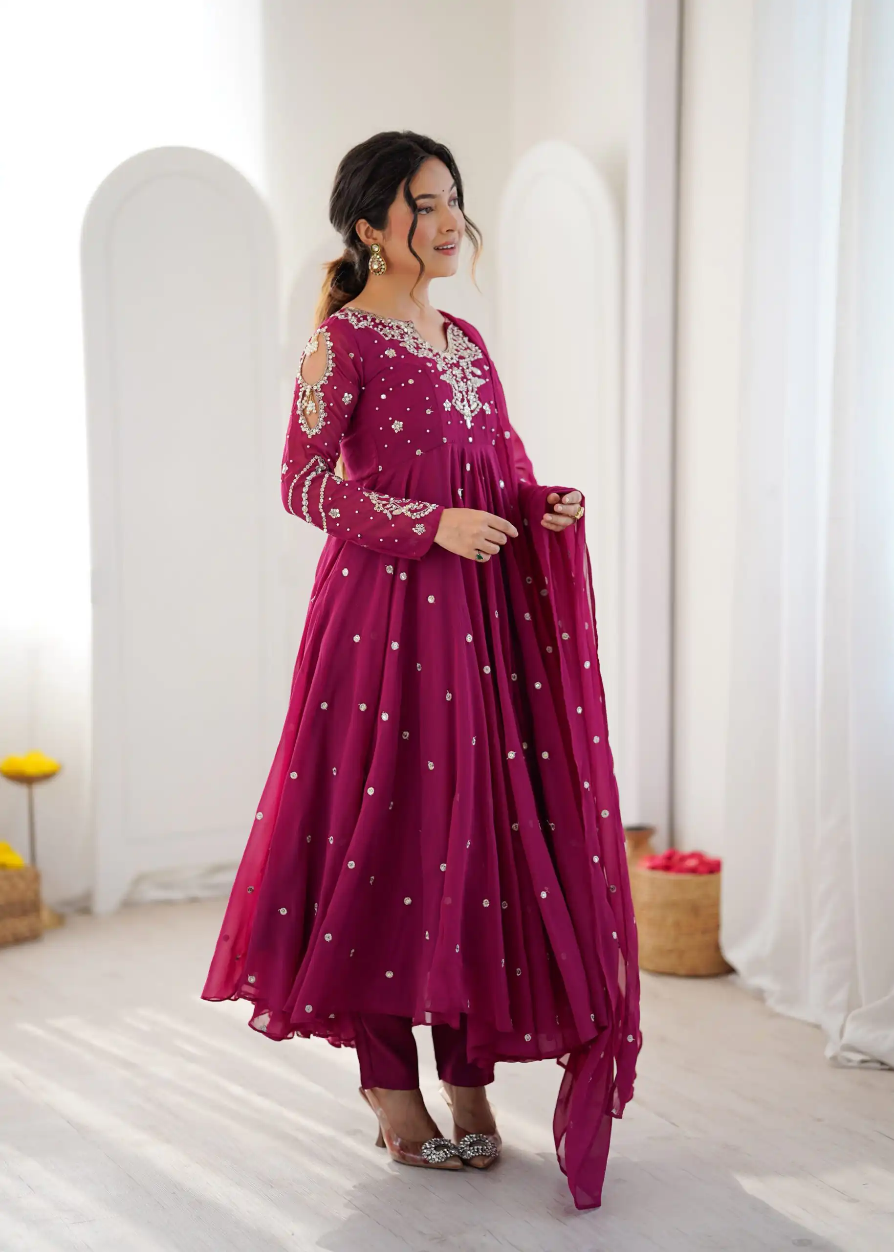 JF 056 Pink Faux Georgette Salwar Suit with Mirror Work & Embroidery Work. Get it for ₹2349. Delivery 4-6 Working Days. Shop now. | Jump Suits, Salwar suit, Designer Suits, Casual Suits, Creative suits, Palazzo Suits, Party Wear Suits, Patiala Suits, Straight Suits