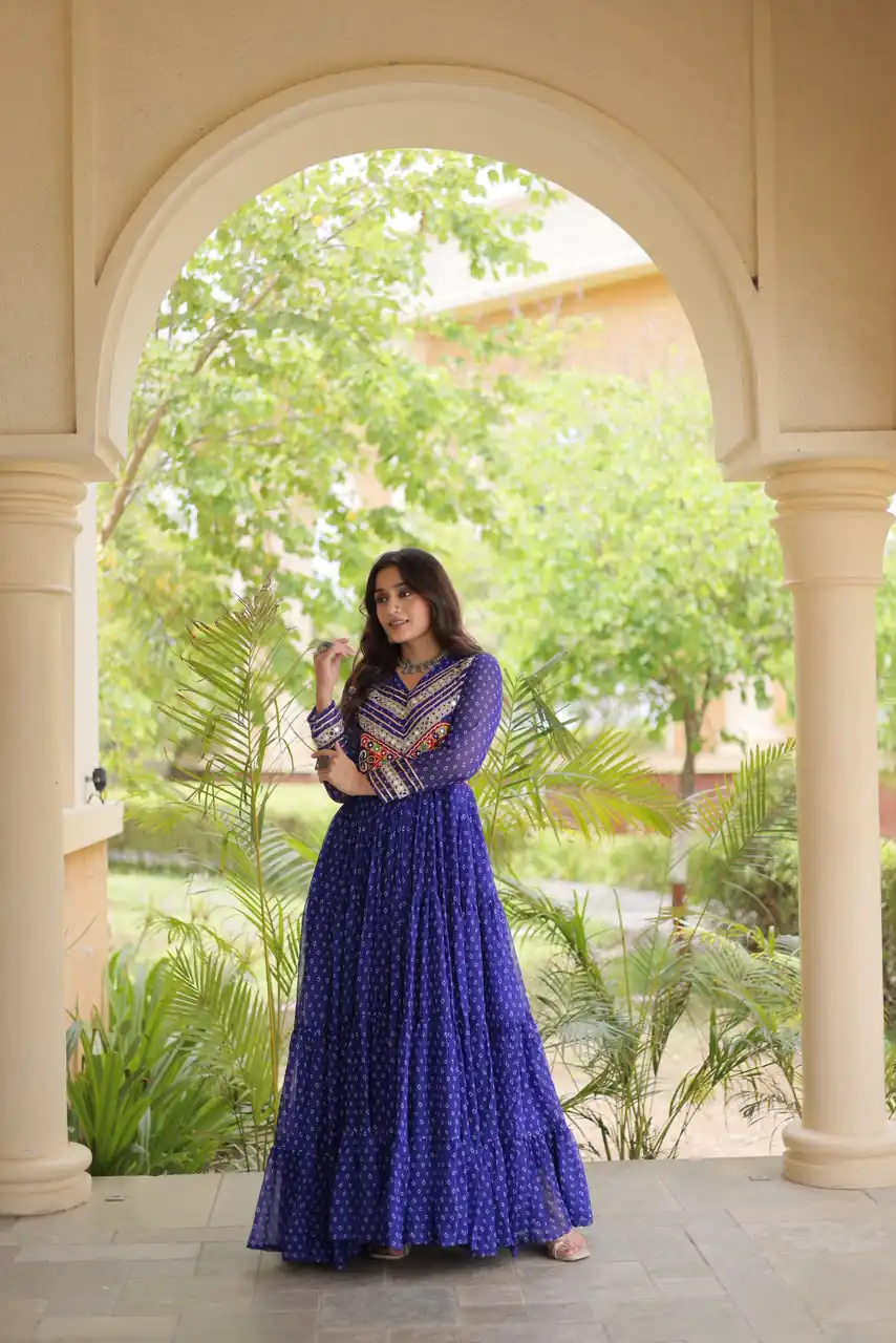 KA 1271 Royal Blue in Colour Faux Georgette Bandhani Print Work Gown. Available at ₹2069 only. Delivery 4-6 Working Days. Shop now. | Gowns, Bollywood Gowns, Creative Gowns, Designer Gowns, Embroidered Gowns, Party Wear Gowns