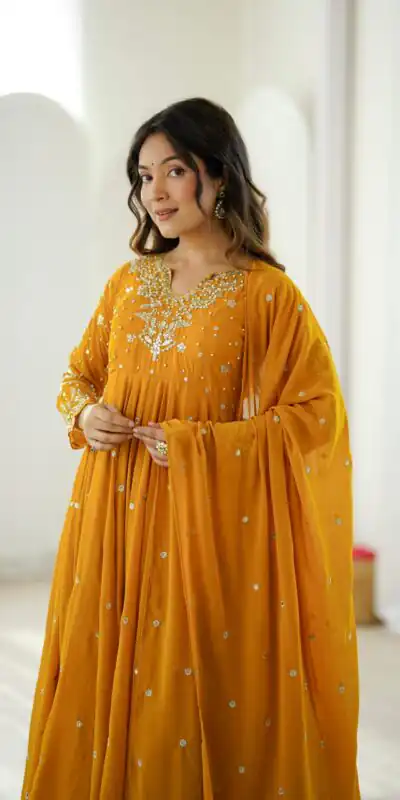 JF 056 Yellow Faux Georgette Salwar Suit with Mirror Work & Embroidery Work. Get it for ₹2349. Delivery 4-6 Working Days. Shop now. | Jump Suits, Salwar suit, Designer Suits, Casual Suits, Creative suits, Palazzo Suits, Party Wear Suits, Patiala Suits, Straight Suits