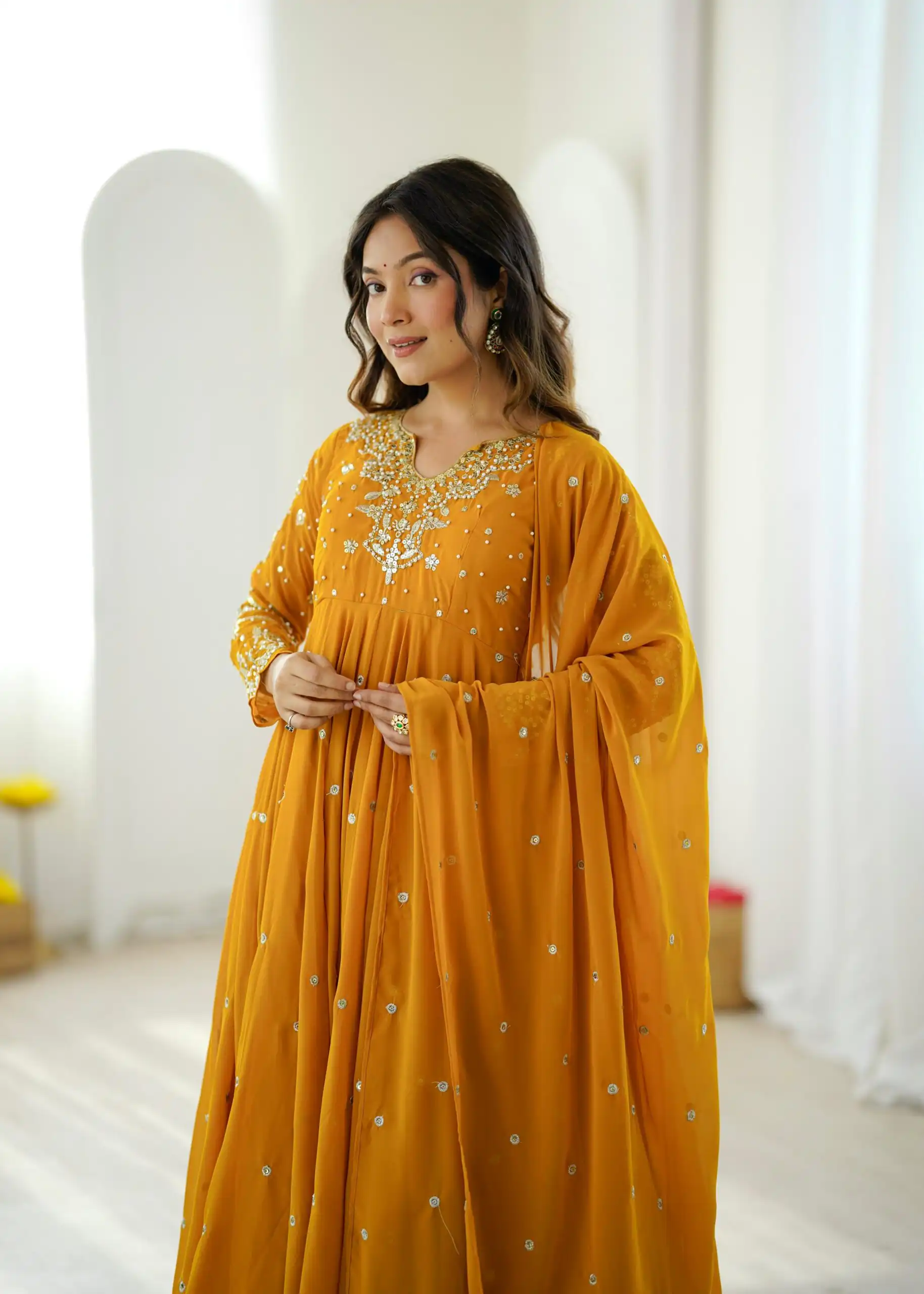 JF 056 Yellow Faux Georgette Salwar Suit with Mirror Work & Embroidery Work. Get it for ₹2349. Delivery 4-6 Working Days. Shop now. | Jump Suits, Salwar suit, Designer Suits, Casual Suits, Creative suits, Palazzo Suits, Party Wear Suits, Patiala Suits, Straight Suits
