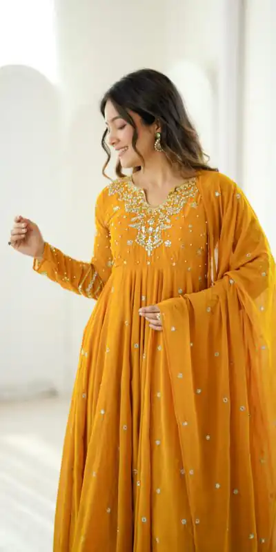 JF 056 Yellow Faux Georgette Salwar Suit with Mirror Work & Embroidery Work. Get it for ₹2349. Delivery 4-6 Working Days. Shop now. | Jump Suits, Salwar suit, Designer Suits, Casual Suits, Creative suits, Palazzo Suits, Party Wear Suits, Patiala Suits, Straight Suits