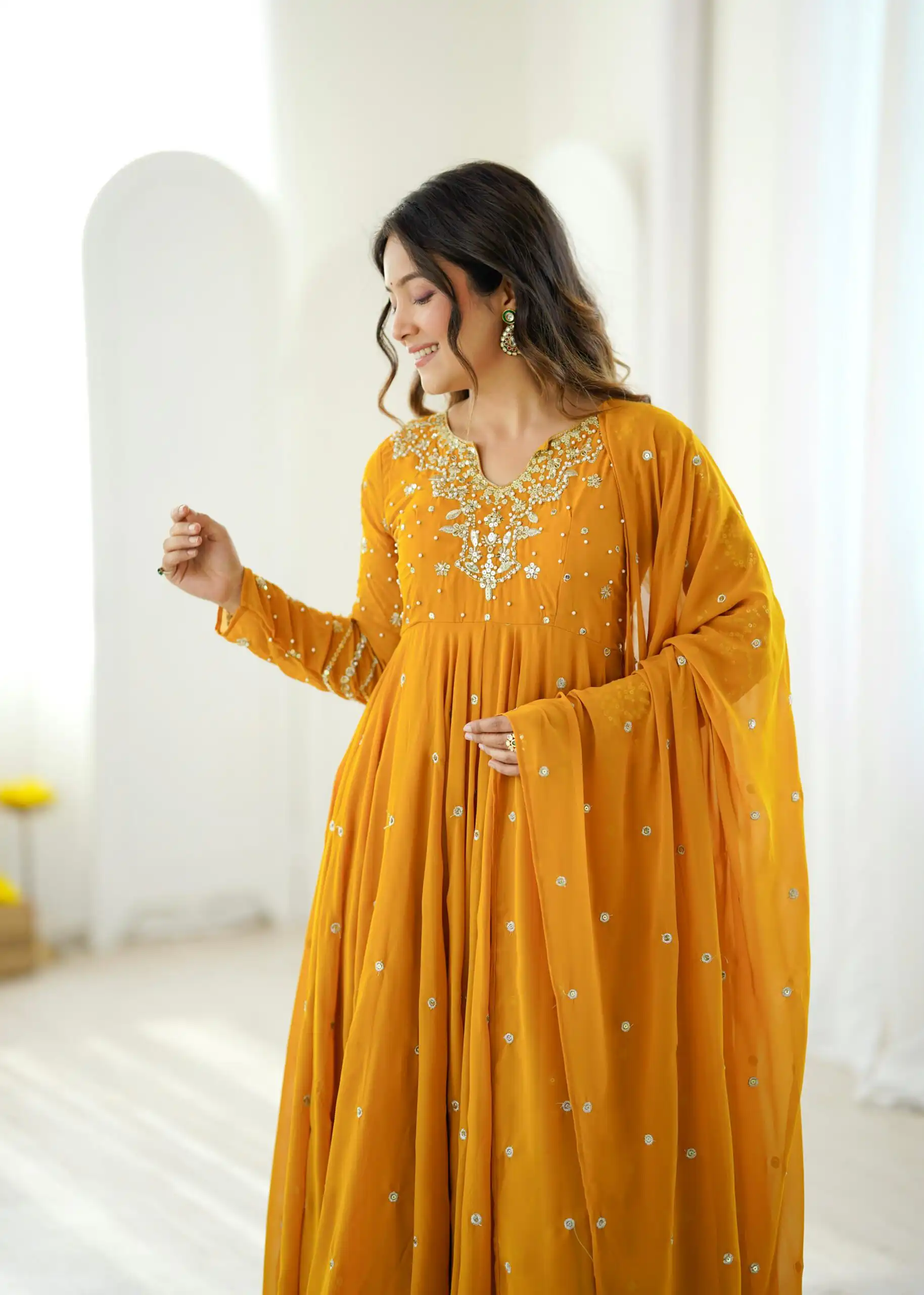 JF 056 Yellow Faux Georgette Salwar Suit with Mirror Work & Embroidery Work. Get it for ₹2349. Delivery 4-6 Working Days. Shop now. | Jump Suits, Salwar suit, Designer Suits, Casual Suits, Creative suits, Palazzo Suits, Party Wear Suits, Patiala Suits, Straight Suits