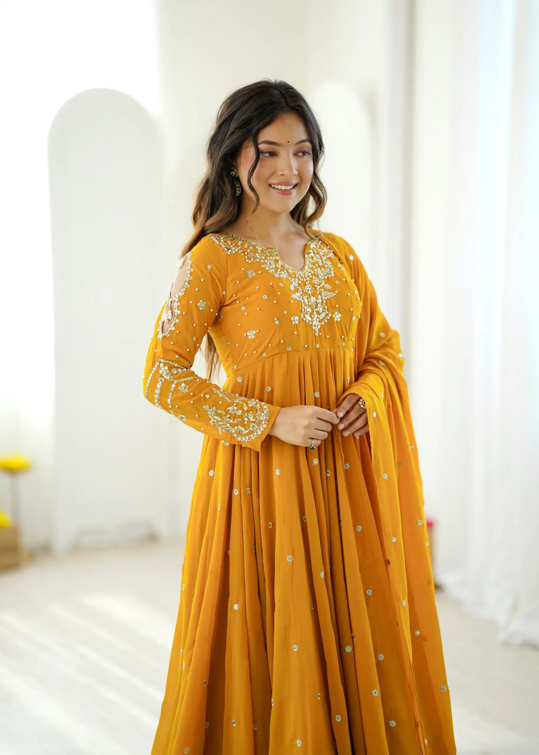 JF 056 Yellow Faux Georgette Salwar Suit with Mirror Work & Embroidery Work. Get it for ₹2349. Delivery 4-6 Working Days. Shop now. | Jump Suits, Salwar suit, Designer Suits, Casual Suits, Creative suits, Palazzo Suits, Party Wear Suits, Patiala Suits, Straight Suits