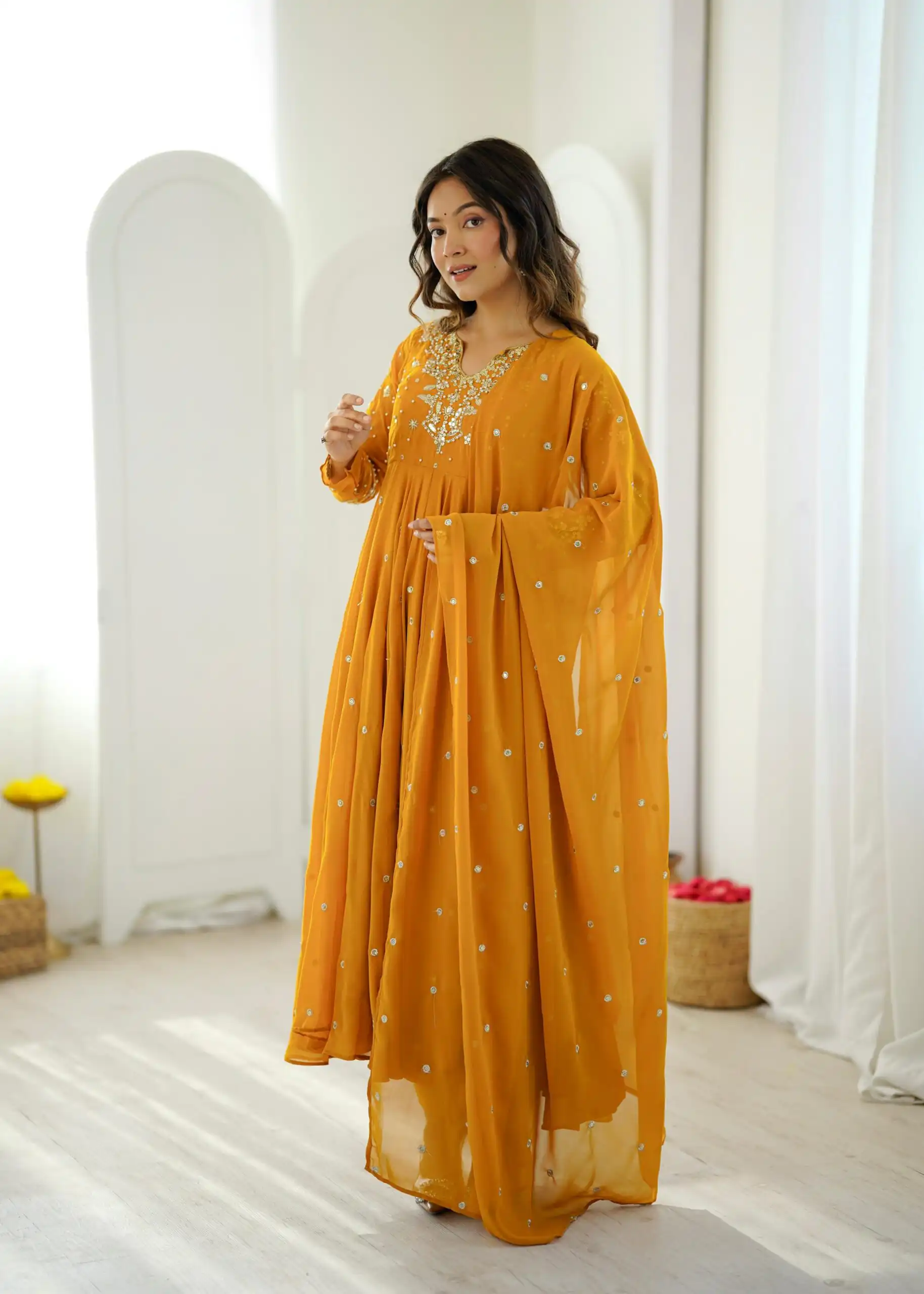 JF 056 Yellow Faux Georgette Salwar Suit with Mirror Work & Embroidery Work. Get it for ₹2349. Delivery 4-6 Working Days. Shop now. | Jump Suits, Salwar suit, Designer Suits, Casual Suits, Creative suits, Palazzo Suits, Party Wear Suits, Patiala Suits, Straight Suits