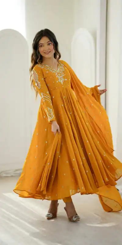 JF 056 Yellow Faux Georgette Salwar Suit with Mirror Work & Embroidery Work. Get it for ₹2349. Delivery 4-6 Working Days. Shop now. | Jump Suits, Salwar suit, Designer Suits, Casual Suits, Creative suits, Palazzo Suits, Party Wear Suits, Patiala Suits, Straight Suits