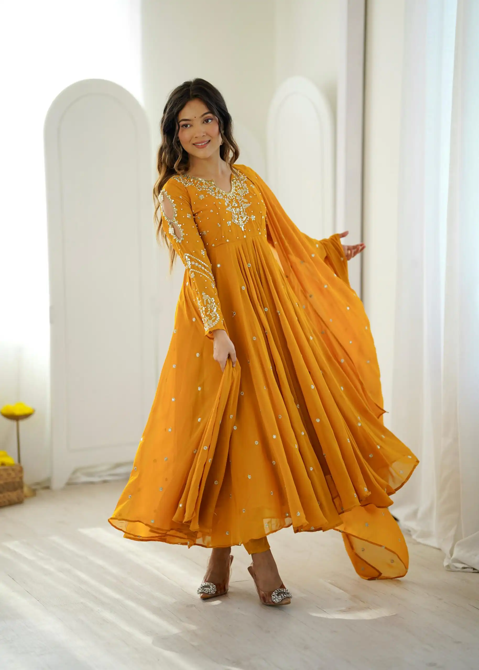 JF 056 Yellow Faux Georgette Salwar Suit with Mirror Work & Embroidery Work. Get it for ₹2349. Delivery 4-6 Working Days. Shop now. | Jump Suits, Salwar suit, Designer Suits, Casual Suits, Creative suits, Palazzo Suits, Party Wear Suits, Patiala Suits, Straight Suits