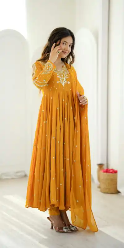 JF 056 Yellow Faux Georgette Salwar Suit with Mirror Work & Embroidery Work. Get it for ₹2349. Delivery 4-6 Working Days. Shop now. | Jump Suits, Salwar suit, Designer Suits, Casual Suits, Creative suits, Palazzo Suits, Party Wear Suits, Patiala Suits, Straight Suits