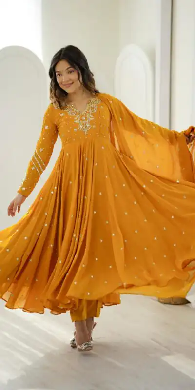 JF 056 Yellow Faux Georgette Salwar Suit with Mirror Work & Embroidery Work. Get it for ₹2349. Delivery 4-6 Working Days. Shop now. | Jump Suits, Salwar suit, Designer Suits, Casual Suits, Creative suits, Palazzo Suits, Party Wear Suits, Patiala Suits, Straight Suits