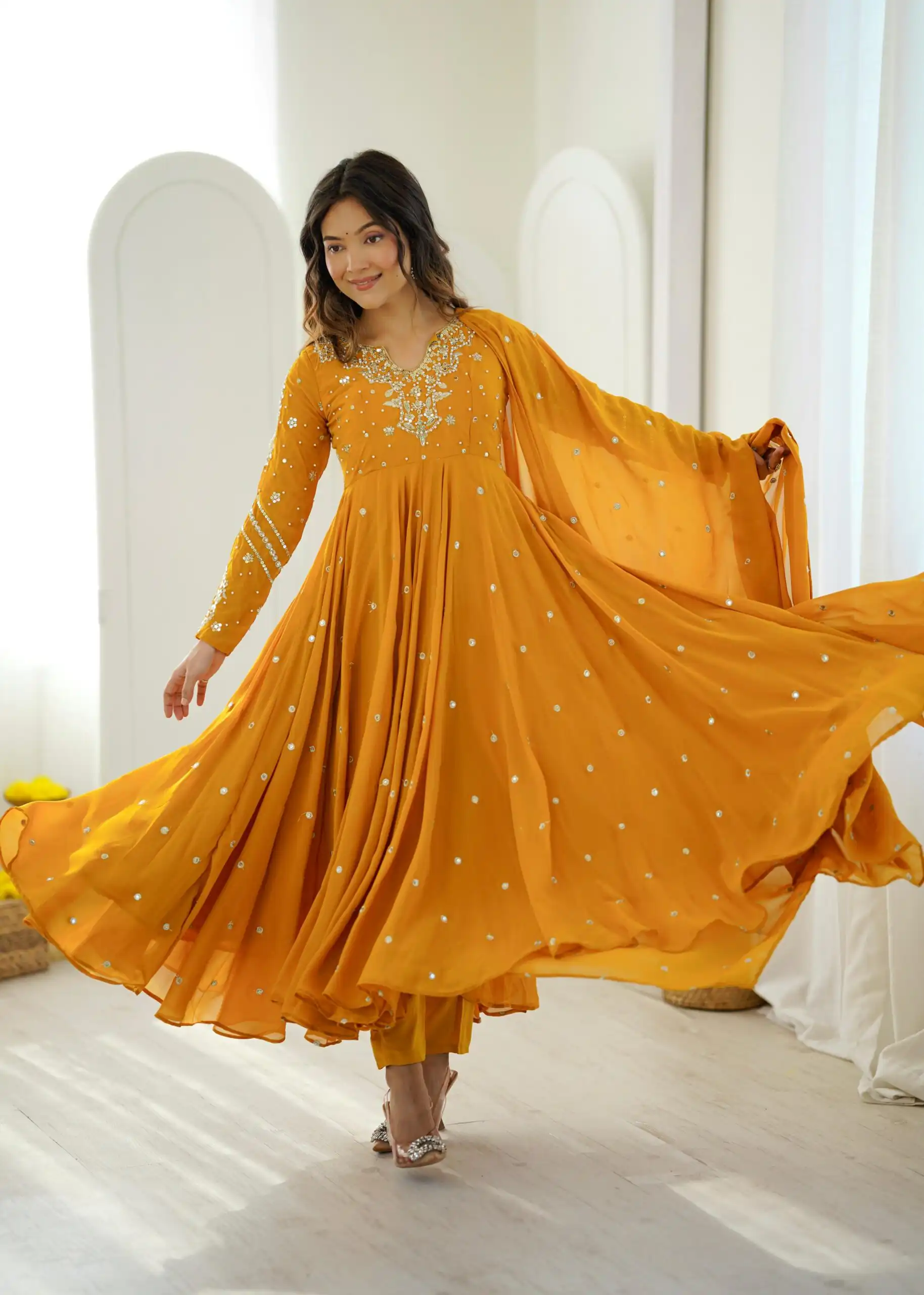 JF 056 Yellow Faux Georgette Salwar Suit with Mirror Work & Embroidery Work. Get it for ₹2349. Delivery 4-6 Working Days. Shop now. | Jump Suits, Salwar suit, Designer Suits, Casual Suits, Creative suits, Palazzo Suits, Party Wear Suits, Patiala Suits, Straight Suits