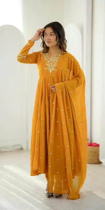 JF 056 Yellow Faux Georgette Salwar Suit with Mirror Work & Embroidery Work. Get it for ₹2349. Delivery 4-6 Working Days. Shop now. | Jump Suits, Salwar suit, Designer Suits, Casual Suits, Creative suits, Palazzo Suits, Party Wear Suits, Patiala Suits, Straight Suits