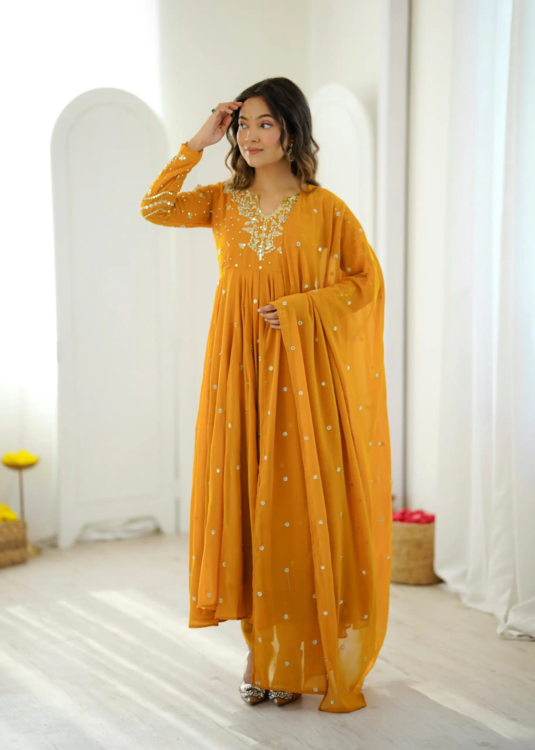 JF 056 Yellow Faux Georgette Salwar Suit with Mirror Work & Embroidery Work. Get it for ₹2349. Delivery 4-6 Working Days. Shop now. | Jump Suits, Salwar suit, Designer Suits, Casual Suits, Creative suits, Palazzo Suits, Party Wear Suits, Patiala Suits, Straight Suits