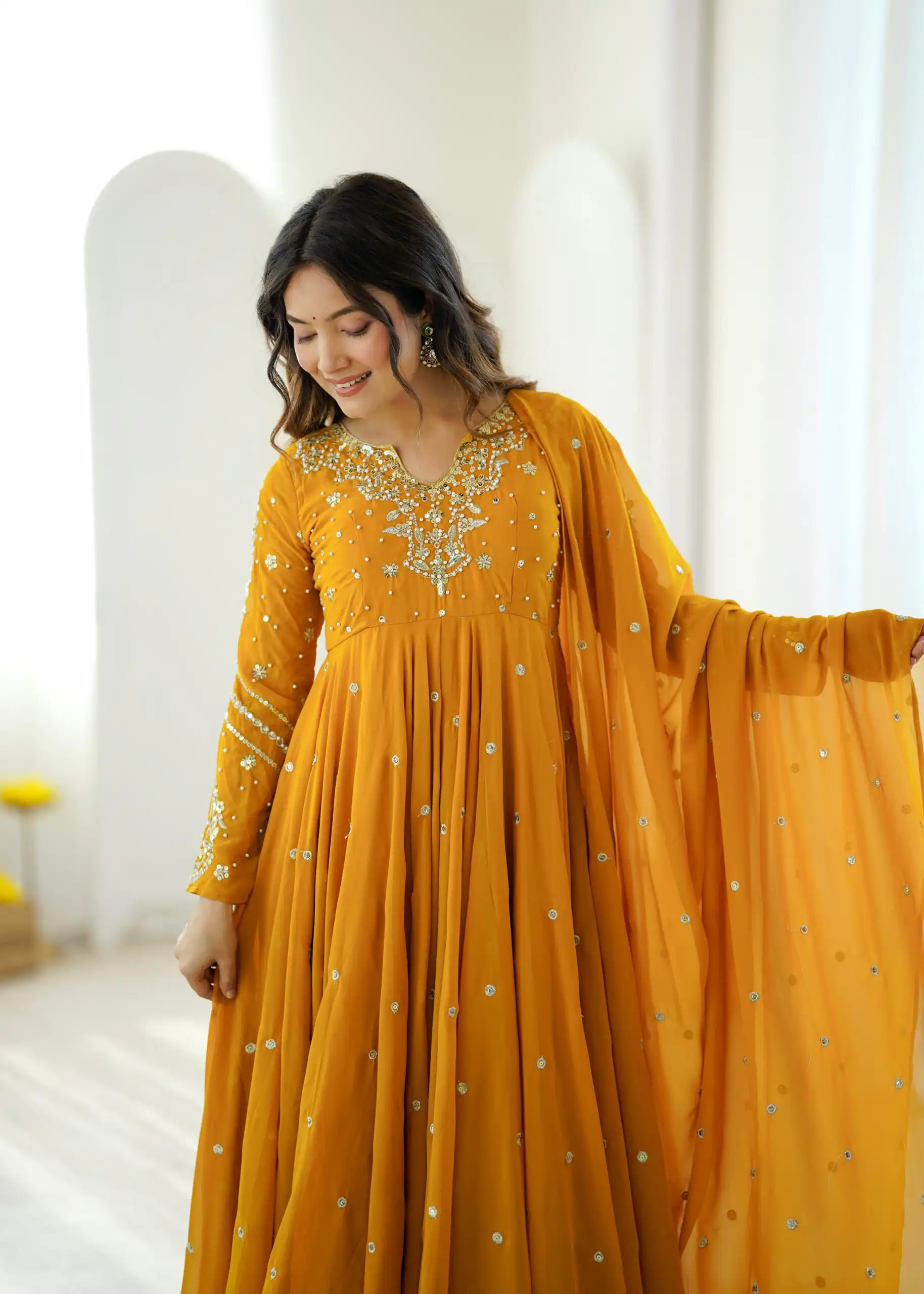 JF 056 Yellow Faux Georgette Salwar Suit with Mirror Work & Embroidery Work. Get it for ₹2349. Delivery 4-6 Working Days. Shop now. | Jump Suits, Salwar suit, Designer Suits, Casual Suits, Creative suits, Palazzo Suits, Party Wear Suits, Patiala Suits, Straight Suits