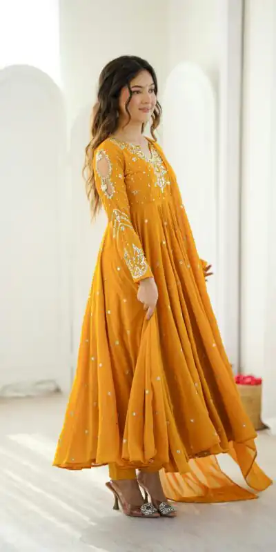 JF 056 Yellow Faux Georgette Salwar Suit with Mirror Work & Embroidery Work. Get it for ₹2349. Delivery 4-6 Working Days. Shop now. | Jump Suits, Salwar suit, Designer Suits, Casual Suits, Creative suits, Palazzo Suits, Party Wear Suits, Patiala Suits, Straight Suits