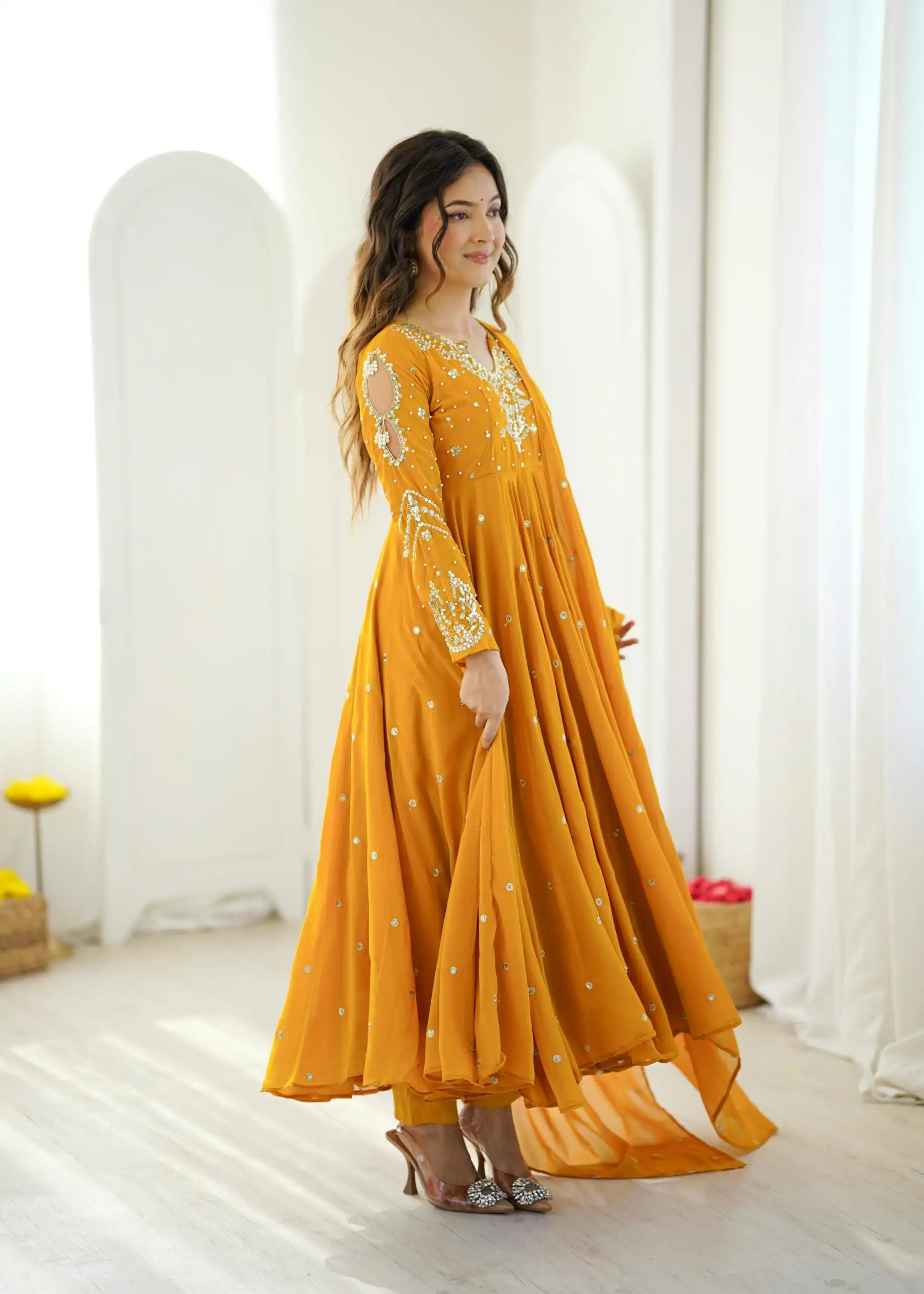 JF 056 Yellow Faux Georgette Salwar Suit with Mirror Work & Embroidery Work. Get it for ₹2349. Delivery 4-6 Working Days. Shop now. | Jump Suits, Salwar suit, Designer Suits, Casual Suits, Creative suits, Palazzo Suits, Party Wear Suits, Patiala Suits, Straight Suits