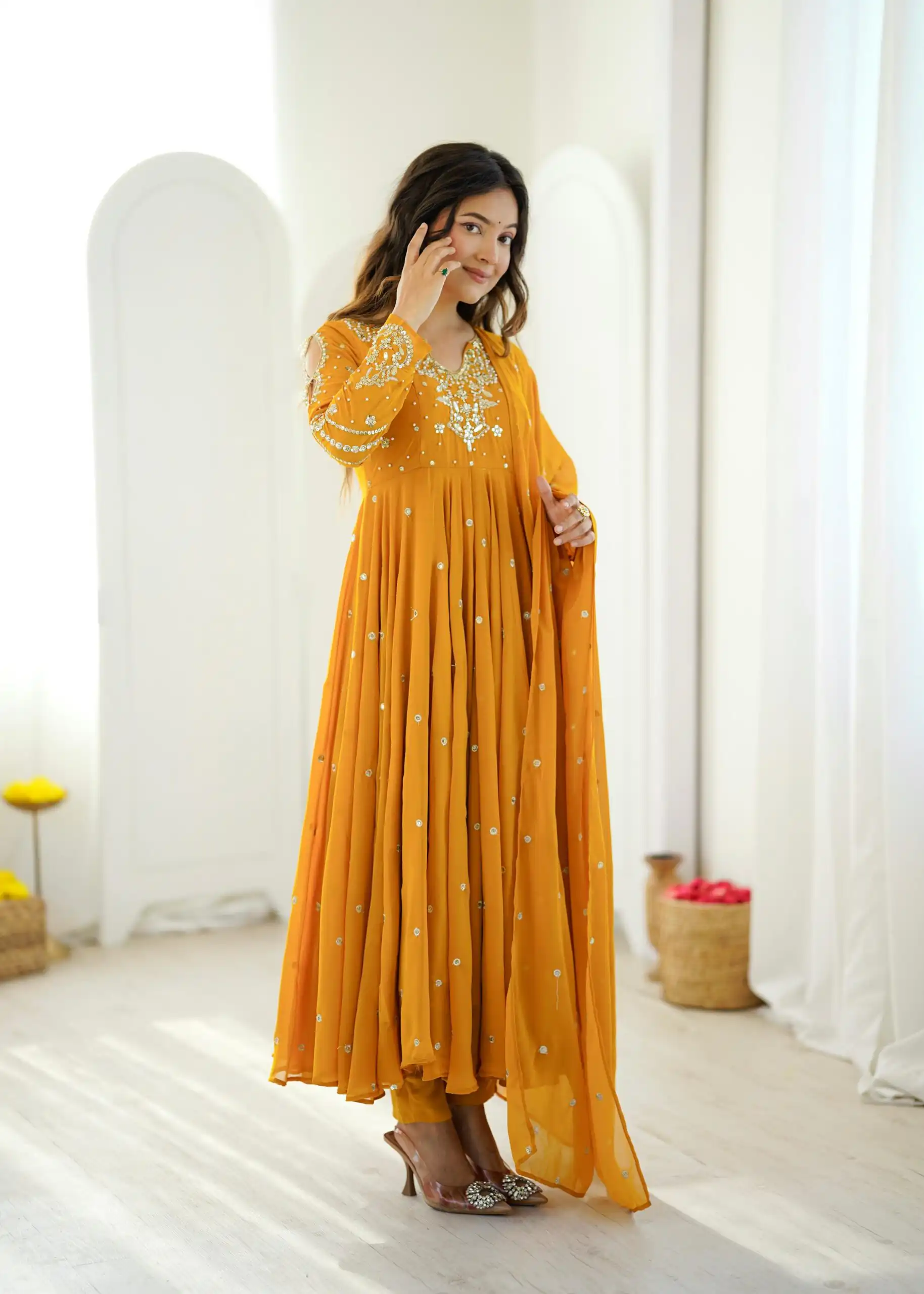 JF 056 Yellow Faux Georgette Salwar Suit with Mirror Work & Embroidery Work. Get it for ₹2349. Delivery 4-6 Working Days. Shop now. | Jump Suits, Salwar suit, Designer Suits, Casual Suits, Creative suits, Palazzo Suits, Party Wear Suits, Patiala Suits, Straight Suits