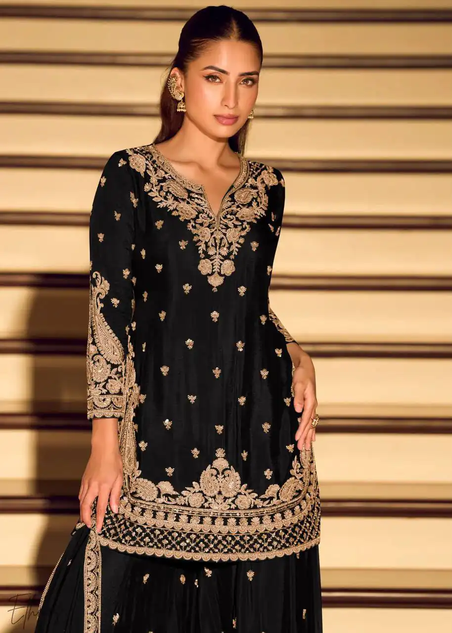 ZB 5067 Black Chinon Silk Salwar Suit Perfect for Wedding, Party, Ganesh Chaturthi, Baby Shower, Makar Sankranti – . Affordable Price ₹2399. /- | Jump Suits, Salwar suit, Designer Suits, Casual Suits, Creative suits, Palazzo Suits, Party Wear Suits, Patiala Suits, Straight Suits