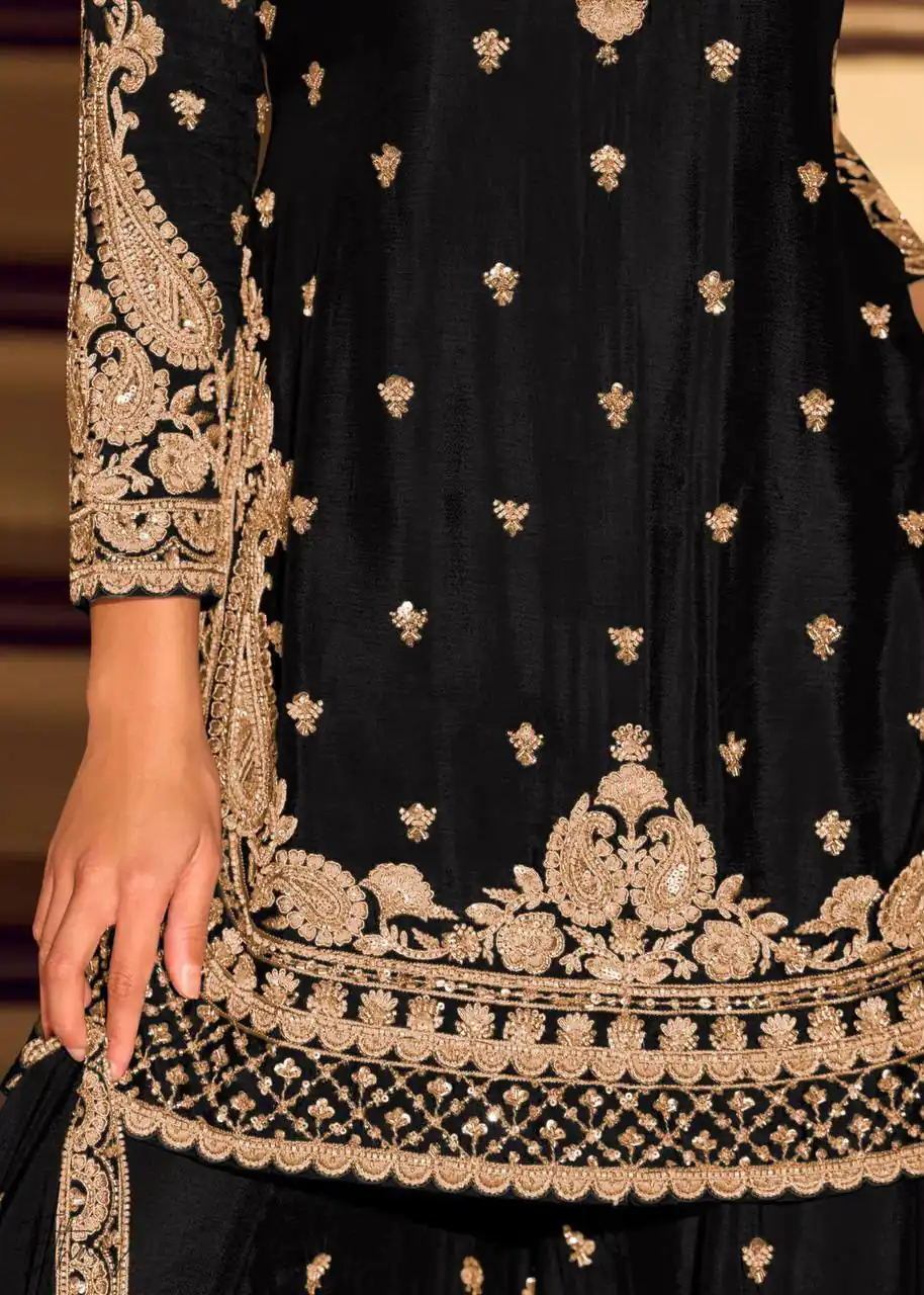 ZB 5067 Black Chinon Silk Salwar Suit Perfect for Wedding, Party, Ganesh Chaturthi, Baby Shower, Makar Sankranti – . Affordable Price ₹2399. /- | Jump Suits, Salwar suit, Designer Suits, Casual Suits, Creative suits, Palazzo Suits, Party Wear Suits, Patiala Suits, Straight Suits