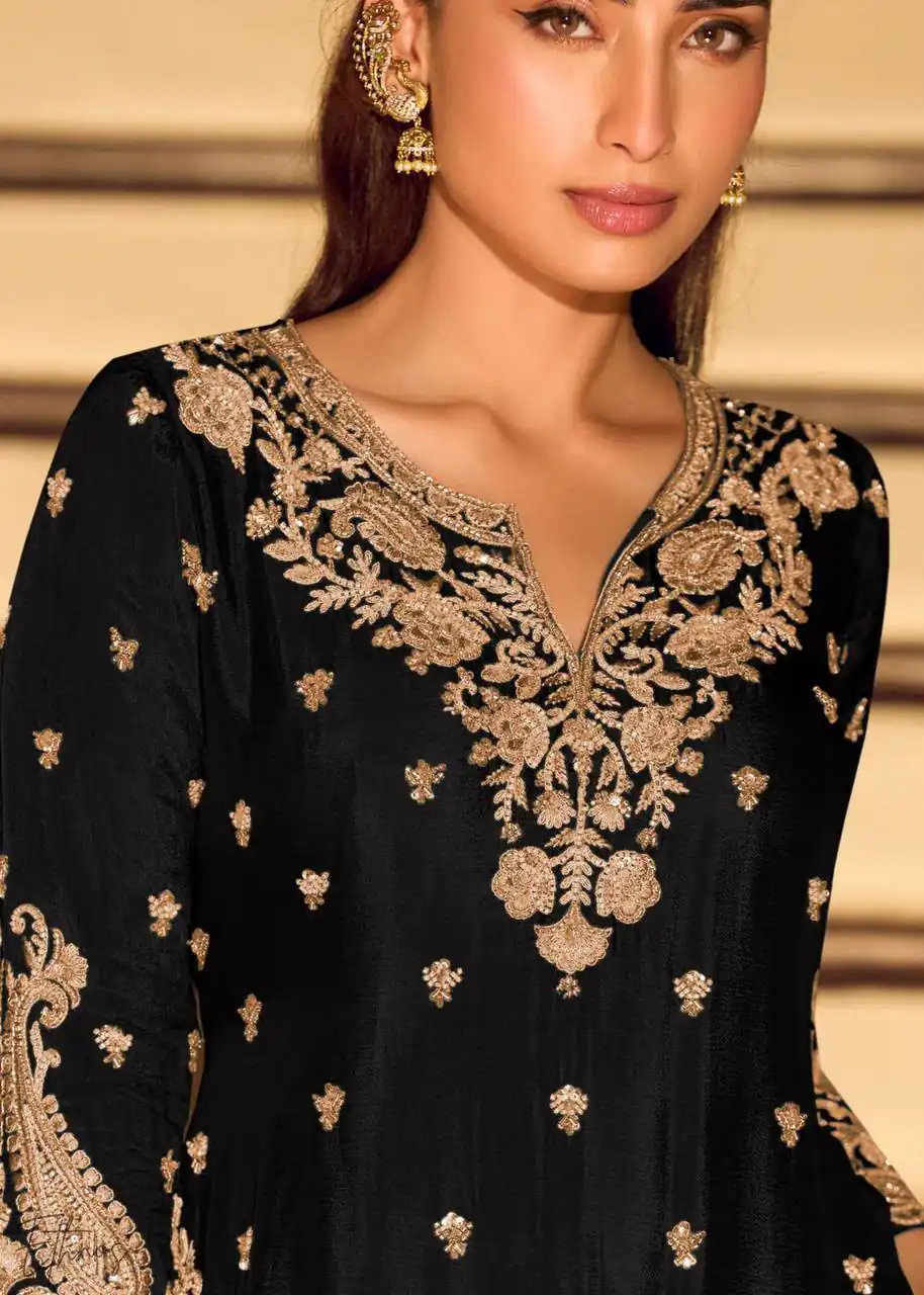 ZB 5067 Black Chinon Silk Salwar Suit Perfect for Wedding, Party, Ganesh Chaturthi, Baby Shower, Makar Sankranti – . Affordable Price ₹2399. /- | Jump Suits, Salwar suit, Designer Suits, Casual Suits, Creative suits, Palazzo Suits, Party Wear Suits, Patiala Suits, Straight Suits