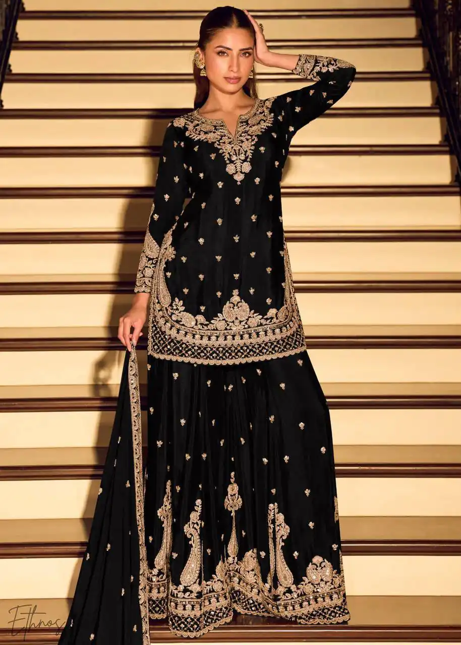ZB 5067 Black Chinon Silk Salwar Suit Perfect for Wedding, Party, Ganesh Chaturthi, Baby Shower, Makar Sankranti – . Affordable Price ₹2399. /- | Jump Suits, Salwar suit, Designer Suits, Casual Suits, Creative suits, Palazzo Suits, Party Wear Suits, Patiala Suits, Straight Suits