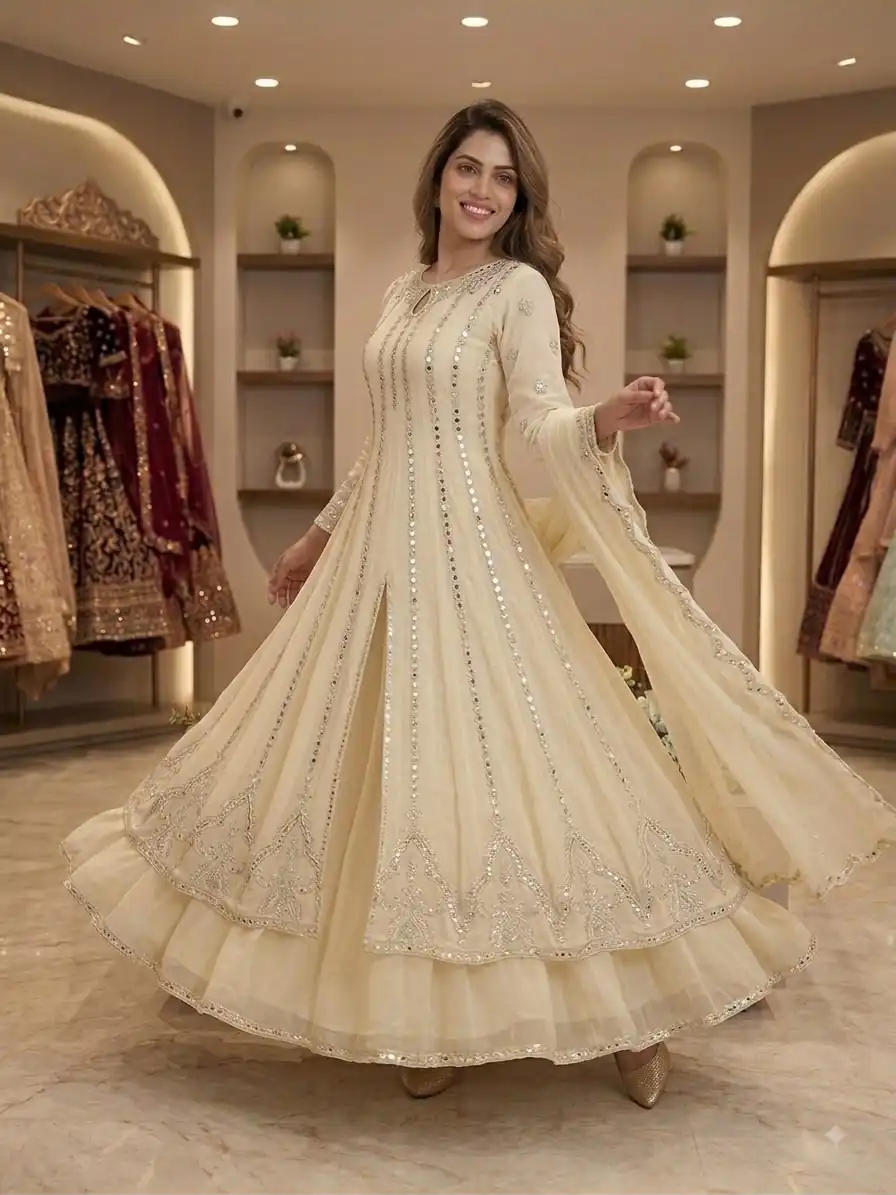 LG 2138 Cream Georgette Gown Perfect for Wedding, Party, Raksha Bandhan, Temple Visit, Onam – . Get it for ₹2899. Delivery 4-6 Working Days. Shop now | Gowns, Bollywood Gowns, Creative Gowns, Designer Gowns, Embroidered Gowns, Party Wear Gowns
