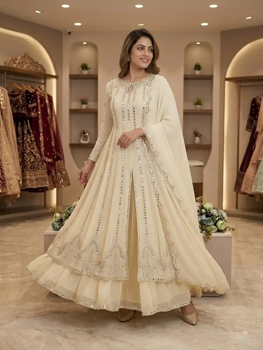 LG 2138 Cream Georgette Gown Perfect for Wedding, Party, Raksha Bandhan, Temple Visit, Onam – . Get it for ₹2899. Delivery 4-6 Working Days. Shop now | Gowns, Bollywood Gowns, Creative Gowns, Designer Gowns, Embroidered Gowns, Party Wear Gowns