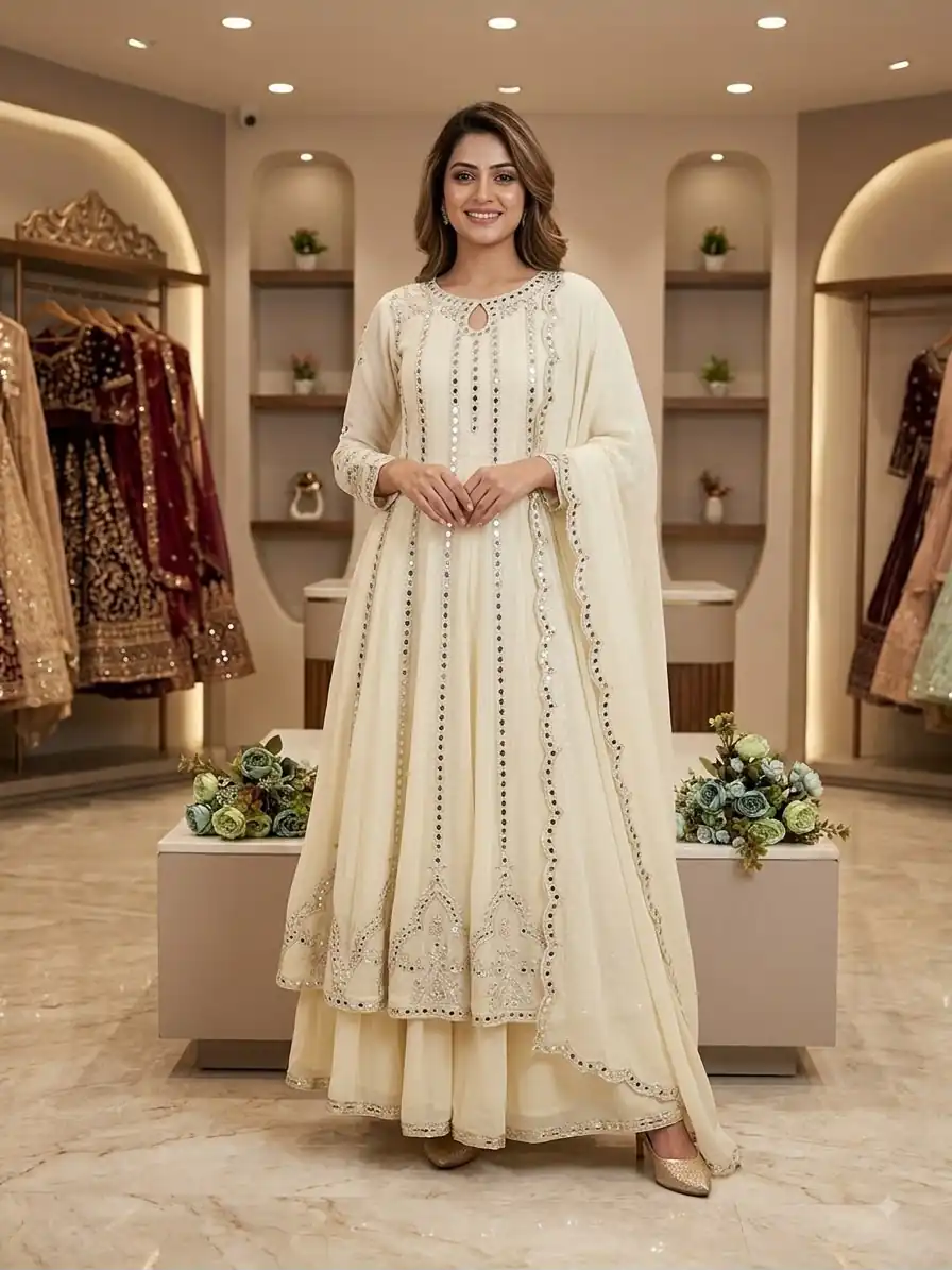LG 2138 Cream Georgette Gown Perfect for Wedding, Party, Raksha Bandhan, Temple Visit, Onam – . Get it for ₹2899. Delivery 4-6 Working Days. Shop now | Gowns, Bollywood Gowns, Creative Gowns, Designer Gowns, Embroidered Gowns, Party Wear Gowns