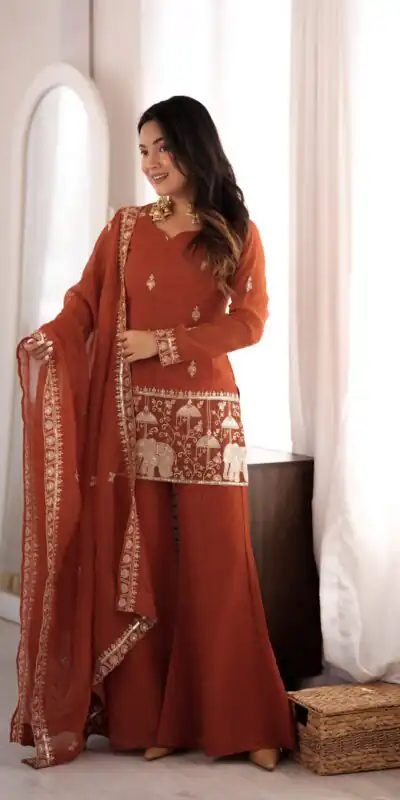 KB 311 Rust Crunchy Silk Salwar Suit with Embroidery Work & Sequins Work. Exclusive Offer ₹2049. Delivery 4-6 Working Days. Shop now. | Jump Suits, Salwar suit, Designer Suits, Casual Suits, Creative suits, Palazzo Suits, Party Wear Suits, Patiala Suits, Straight Suits