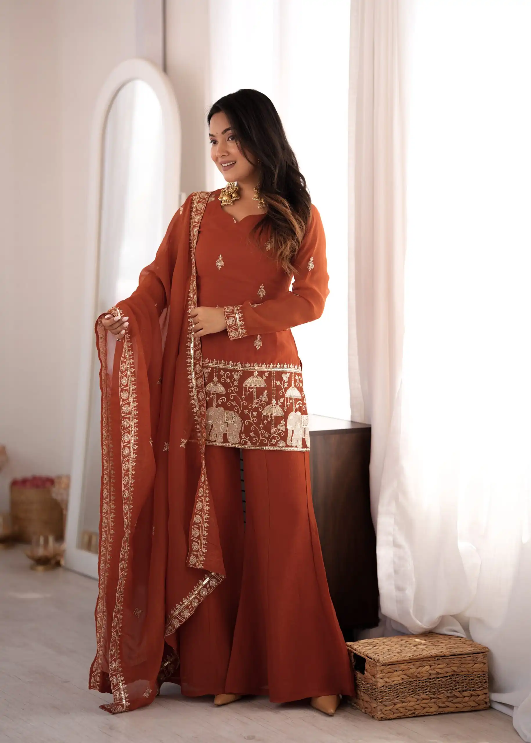 KB 311 Rust Crunchy Silk Salwar Suit with Embroidery Work & Sequins Work. Exclusive Offer ₹2049. Delivery 4-6 Working Days. Shop now. | Jump Suits, Salwar suit, Designer Suits, Casual Suits, Creative suits, Palazzo Suits, Party Wear Suits, Patiala Suits, Straight Suits