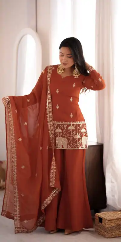KB 311 Rust Crunchy Silk Salwar Suit with Embroidery Work & Sequins Work. Exclusive Offer ₹2049. Delivery 4-6 Working Days. Shop now. | Jump Suits, Salwar suit, Designer Suits, Casual Suits, Creative suits, Palazzo Suits, Party Wear Suits, Patiala Suits, Straight Suits