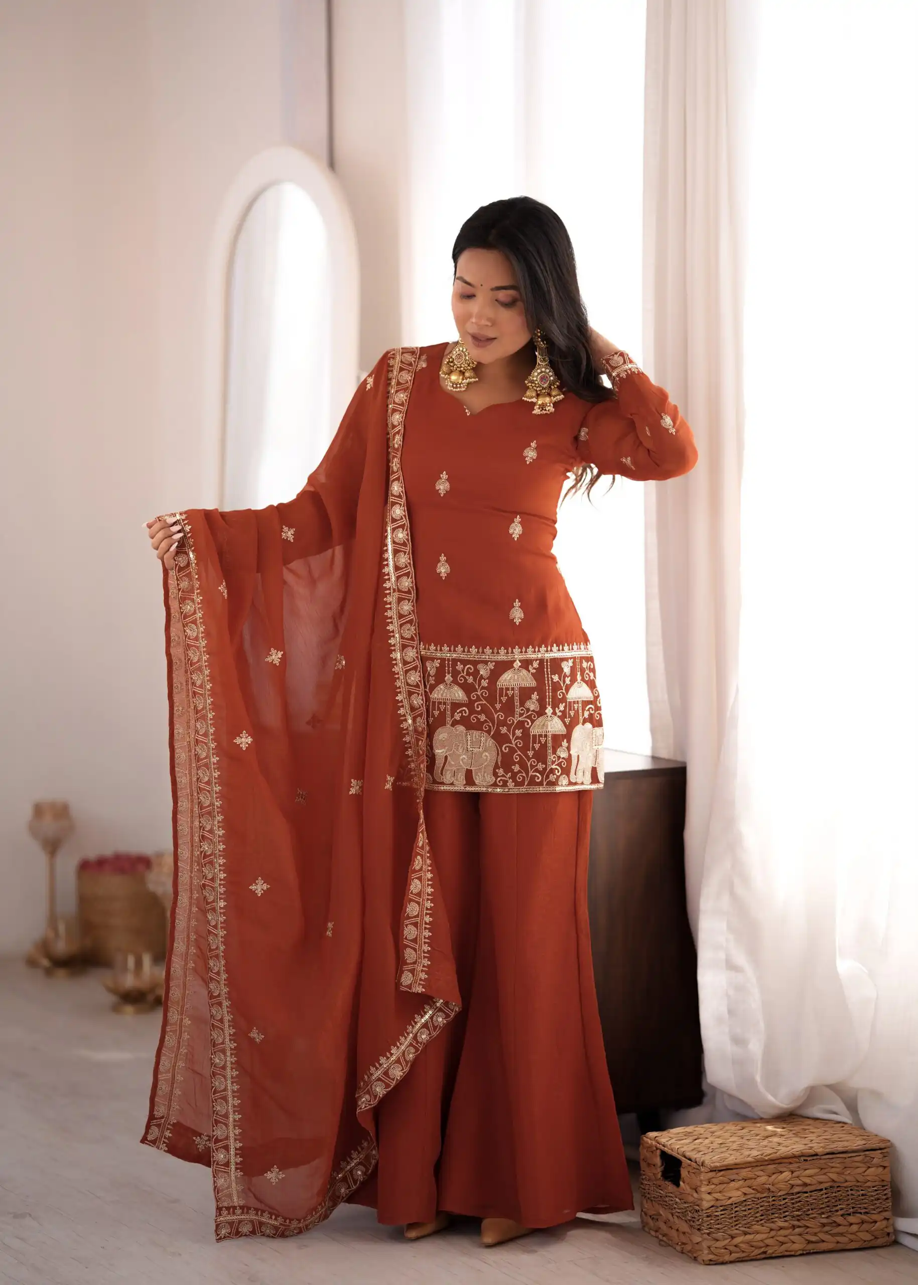 KB 311 Rust Crunchy Silk Salwar Suit with Embroidery Work & Sequins Work. Exclusive Offer ₹2049. Delivery 4-6 Working Days. Shop now. | Jump Suits, Salwar suit, Designer Suits, Casual Suits, Creative suits, Palazzo Suits, Party Wear Suits, Patiala Suits, Straight Suits
