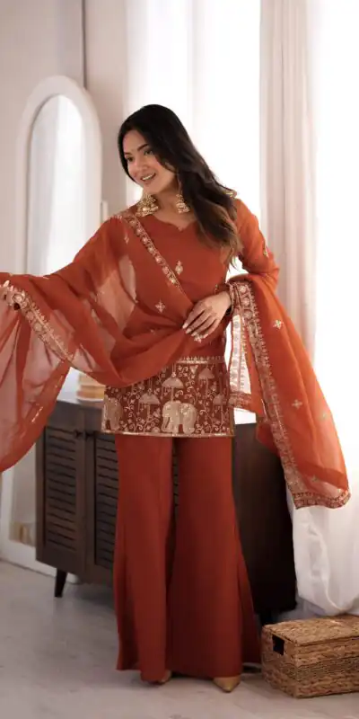 KB 311 Rust Crunchy Silk Salwar Suit with Embroidery Work & Sequins Work. Exclusive Offer ₹2049. Delivery 4-6 Working Days. Shop now. | Jump Suits, Salwar suit, Designer Suits, Casual Suits, Creative suits, Palazzo Suits, Party Wear Suits, Patiala Suits, Straight Suits