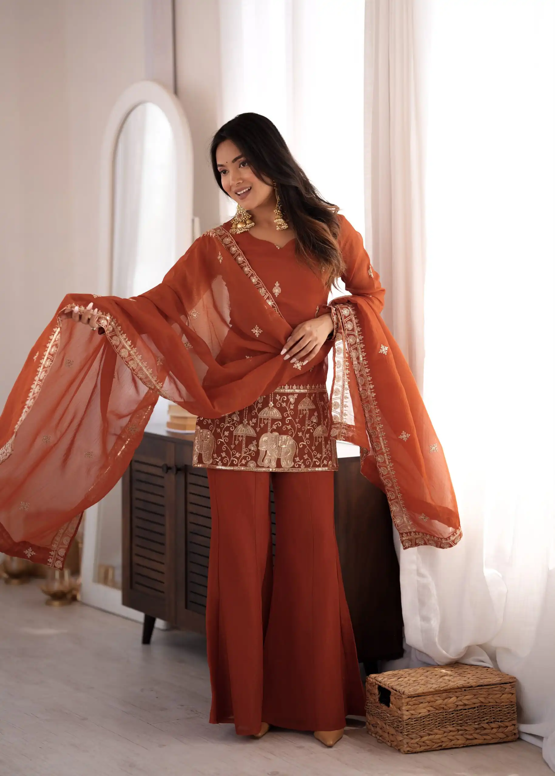 KB 311 Rust Crunchy Silk Salwar Suit with Embroidery Work & Sequins Work. Exclusive Offer ₹2049. Delivery 4-6 Working Days. Shop now. | Jump Suits, Salwar suit, Designer Suits, Casual Suits, Creative suits, Palazzo Suits, Party Wear Suits, Patiala Suits, Straight Suits