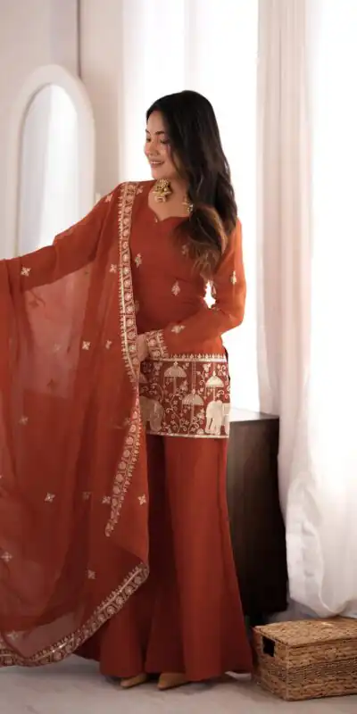 KB 311 Rust Crunchy Silk Salwar Suit with Embroidery Work & Sequins Work. Exclusive Offer ₹2049. Delivery 4-6 Working Days. Shop now. | Jump Suits, Salwar suit, Designer Suits, Casual Suits, Creative suits, Palazzo Suits, Party Wear Suits, Patiala Suits, Straight Suits