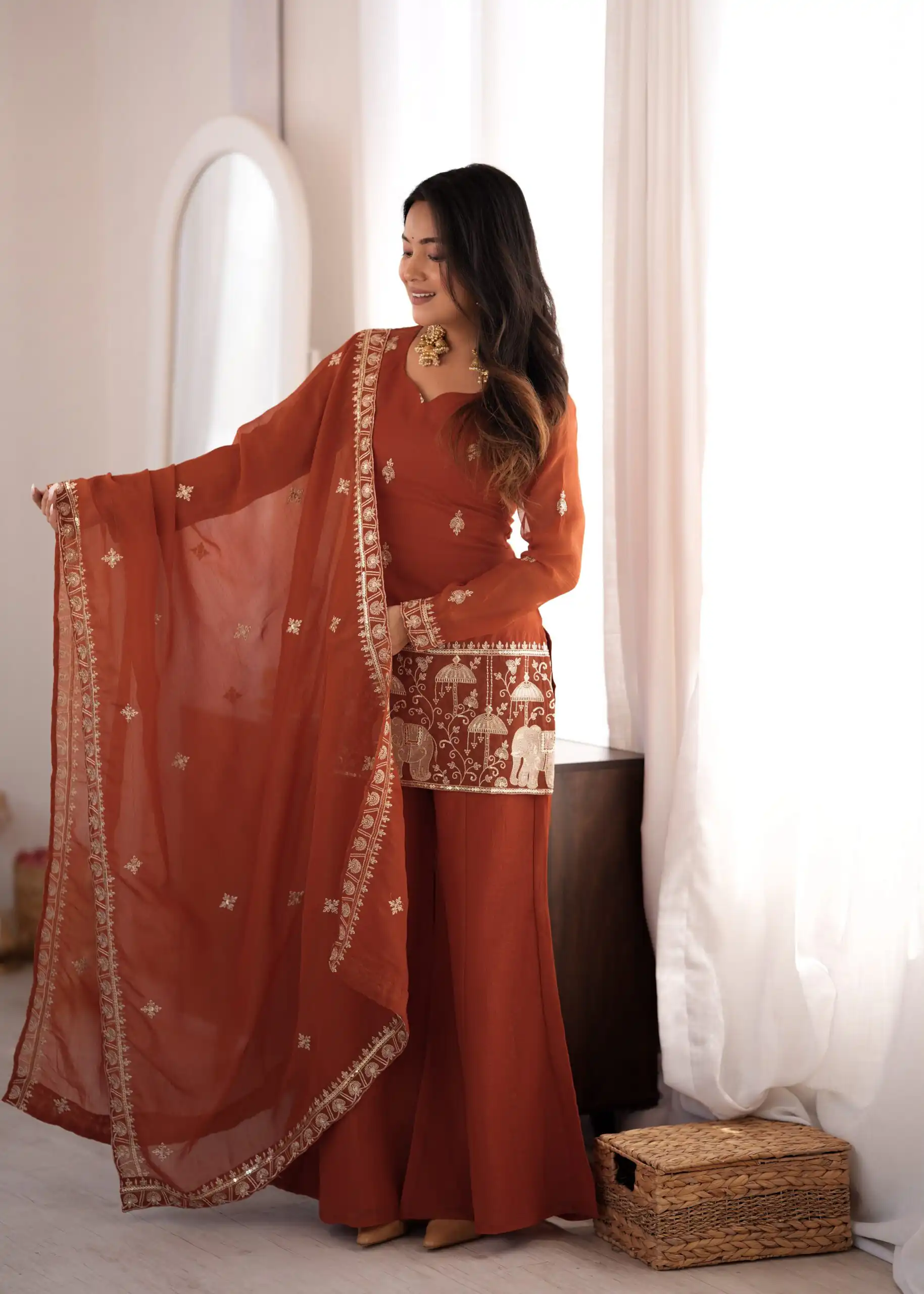 KB 311 Rust Crunchy Silk Salwar Suit with Embroidery Work & Sequins Work. Exclusive Offer ₹2049. Delivery 4-6 Working Days. Shop now. | Jump Suits, Salwar suit, Designer Suits, Casual Suits, Creative suits, Palazzo Suits, Party Wear Suits, Patiala Suits, Straight Suits