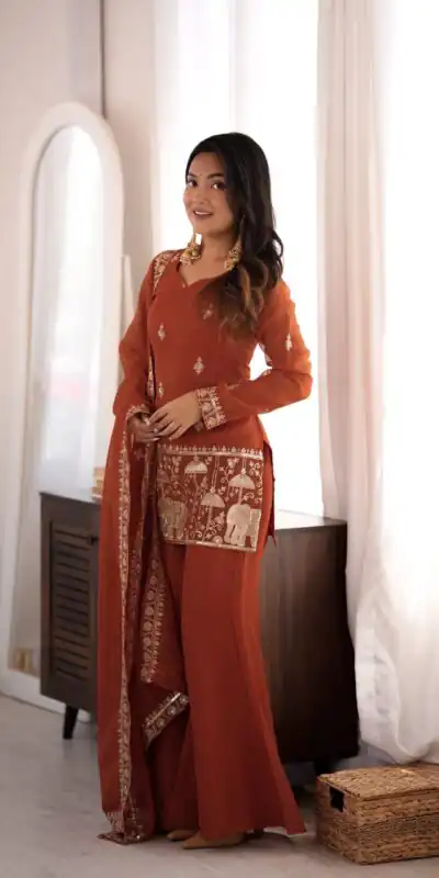 KB 311 Rust Crunchy Silk Salwar Suit with Embroidery Work & Sequins Work. Exclusive Offer ₹2049. Delivery 4-6 Working Days. Shop now. | Jump Suits, Salwar suit, Designer Suits, Casual Suits, Creative suits, Palazzo Suits, Party Wear Suits, Patiala Suits, Straight Suits