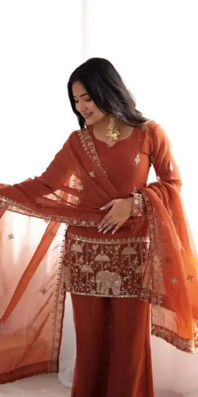 KB 311 Rust Crunchy Silk Salwar Suit with Embroidery Work & Sequins Work. Exclusive Offer ₹2049. Delivery 4-6 Working Days. Shop now. | Jump Suits, Salwar suit, Designer Suits, Casual Suits, Creative suits, Palazzo Suits, Party Wear Suits, Patiala Suits, Straight Suits