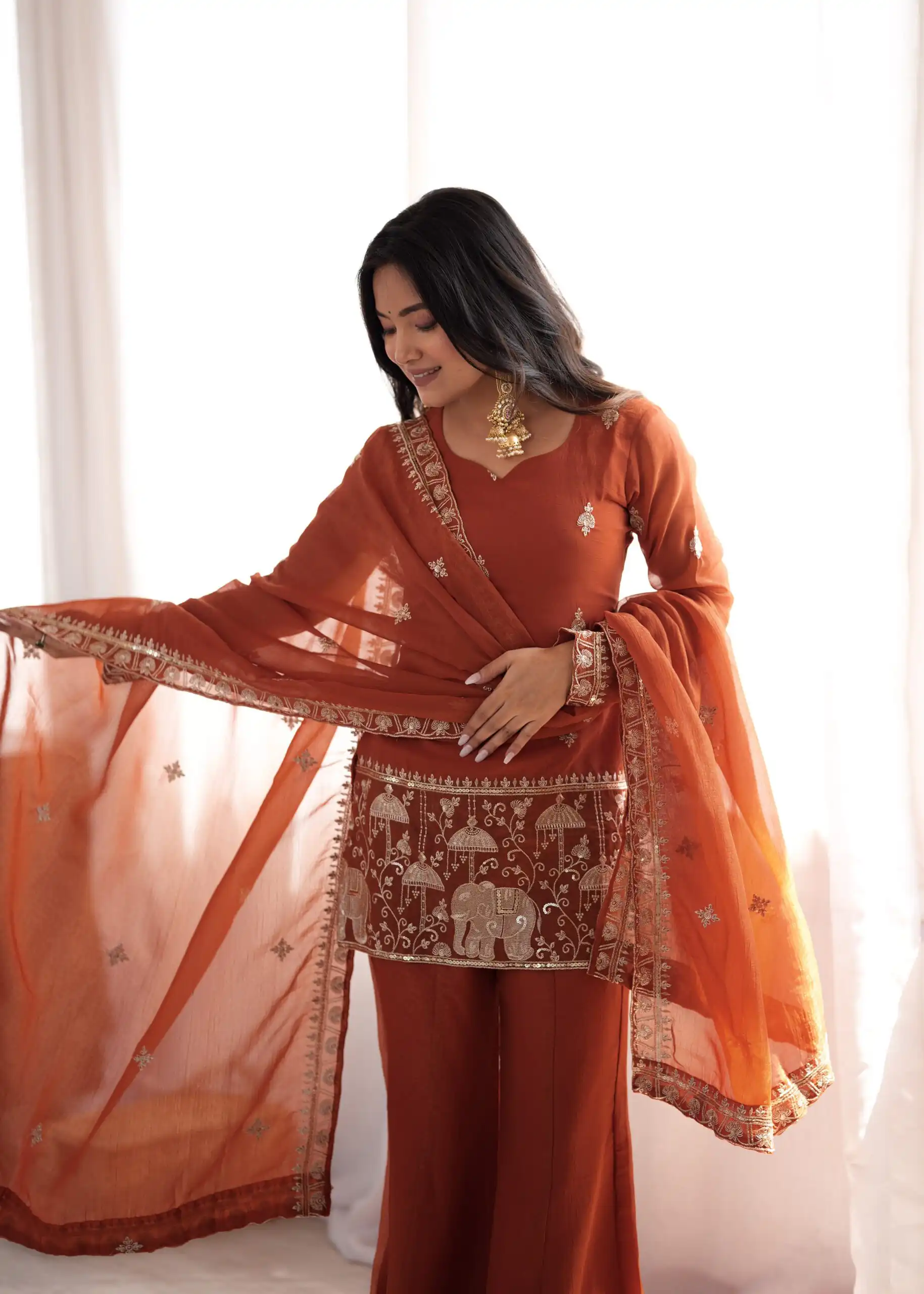 KB 311 Rust Crunchy Silk Salwar Suit with Embroidery Work & Sequins Work. Exclusive Offer ₹2049. Delivery 4-6 Working Days. Shop now. | Jump Suits, Salwar suit, Designer Suits, Casual Suits, Creative suits, Palazzo Suits, Party Wear Suits, Patiala Suits, Straight Suits