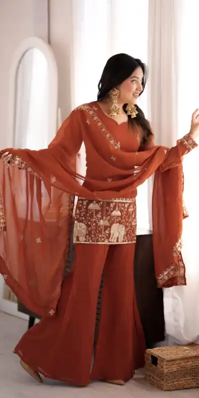 KB 311 Rust Crunchy Silk Salwar Suit with Embroidery Work & Sequins Work. Exclusive Offer ₹2049. Delivery 4-6 Working Days. Shop now. | Jump Suits, Salwar suit, Designer Suits, Casual Suits, Creative suits, Palazzo Suits, Party Wear Suits, Patiala Suits, Straight Suits