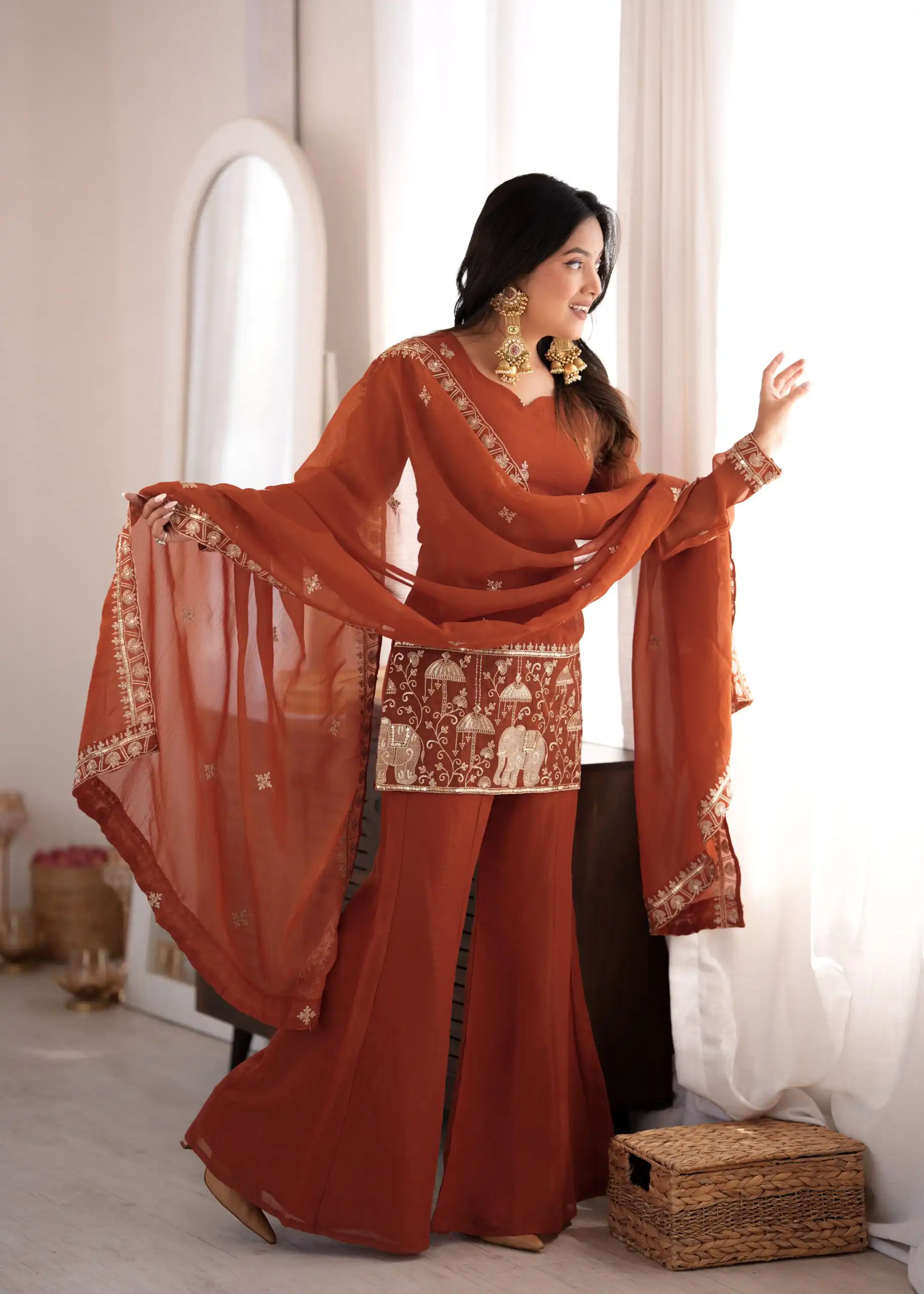 KB 311 Rust Crunchy Silk Salwar Suit with Embroidery Work & Sequins Work. Exclusive Offer ₹2049. Delivery 4-6 Working Days. Shop now. | Jump Suits, Salwar suit, Designer Suits, Casual Suits, Creative suits, Palazzo Suits, Party Wear Suits, Patiala Suits, Straight Suits