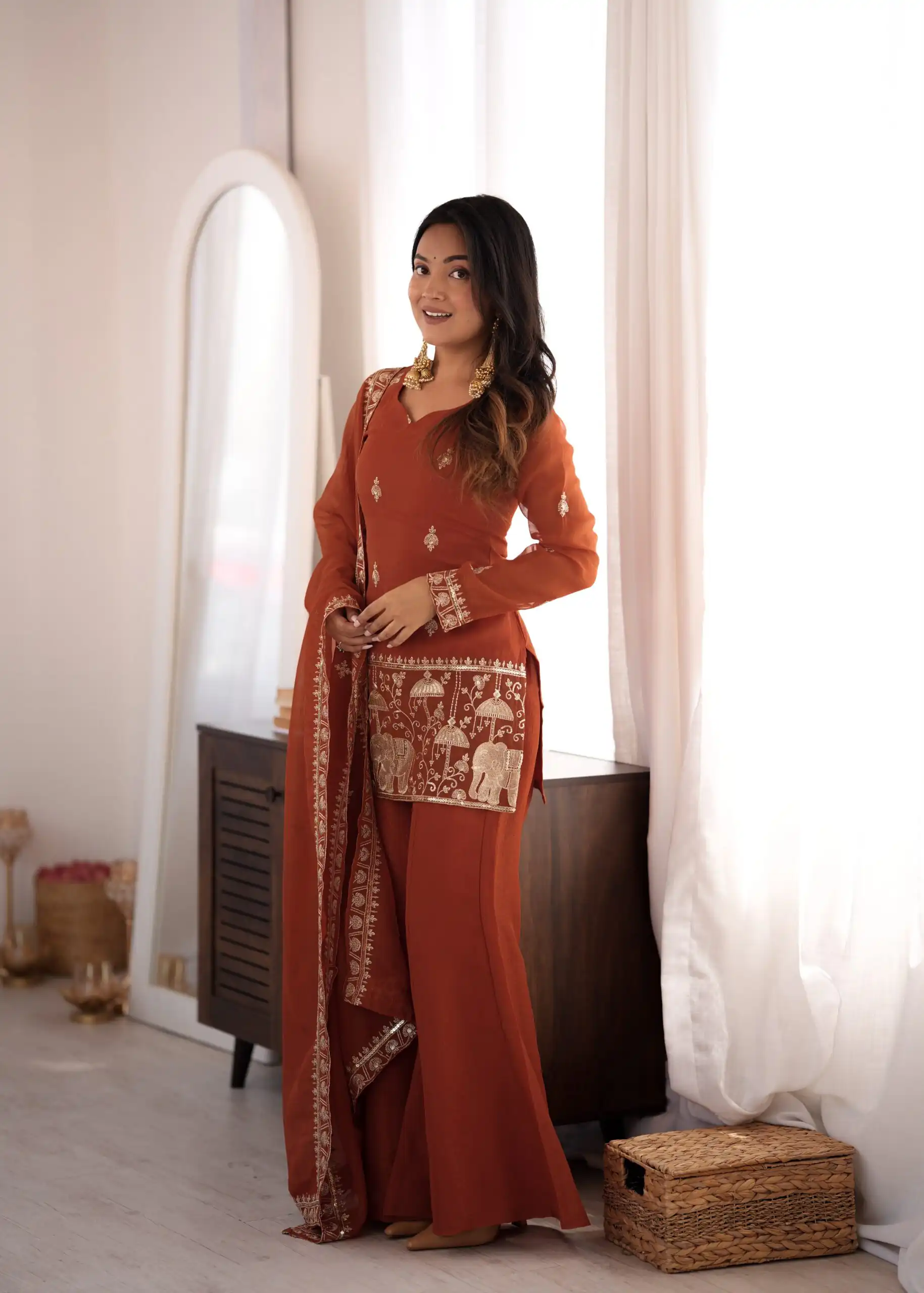 KB 311 Rust Crunchy Silk Salwar Suit with Embroidery Work & Sequins Work. Exclusive Offer ₹2049. Delivery 4-6 Working Days. Shop now. | Jump Suits, Salwar suit, Designer Suits, Casual Suits, Creative suits, Palazzo Suits, Party Wear Suits, Patiala Suits, Straight Suits
