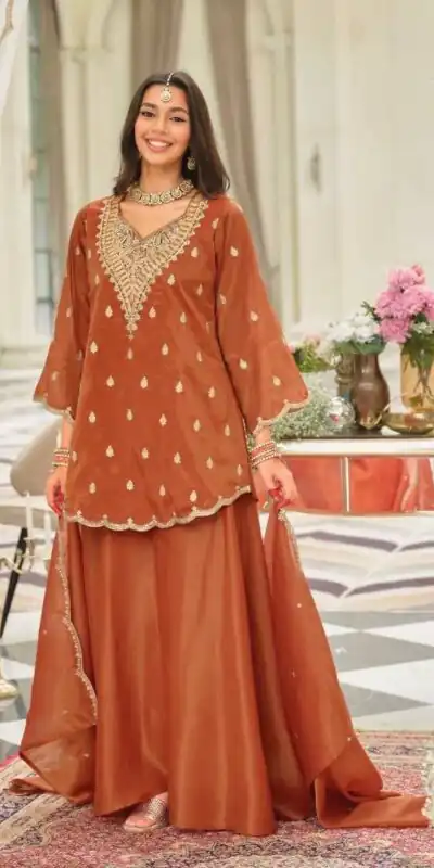 ST 243 Rust Color Natural Crep Salwar Suit with Embroidery Work. Wedding, Party, Festive, Best Price ₹2199. Delivery 4-6 Working Days. Shop now. | Jump Suits, Salwar suit, Designer Suits, Casual Suits, Creative suits, Palazzo Suits, Party Wear Suits, Patiala Suits, Straight Suits