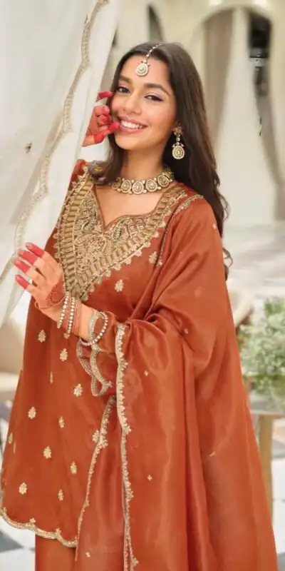 ST 243 Rust Color Natural Crep Salwar Suit with Embroidery Work. Wedding, Party, Festive, Best Price ₹2199. Delivery 4-6 Working Days. Shop now. | Jump Suits, Salwar suit, Designer Suits, Casual Suits, Creative suits, Palazzo Suits, Party Wear Suits, Patiala Suits, Straight Suits