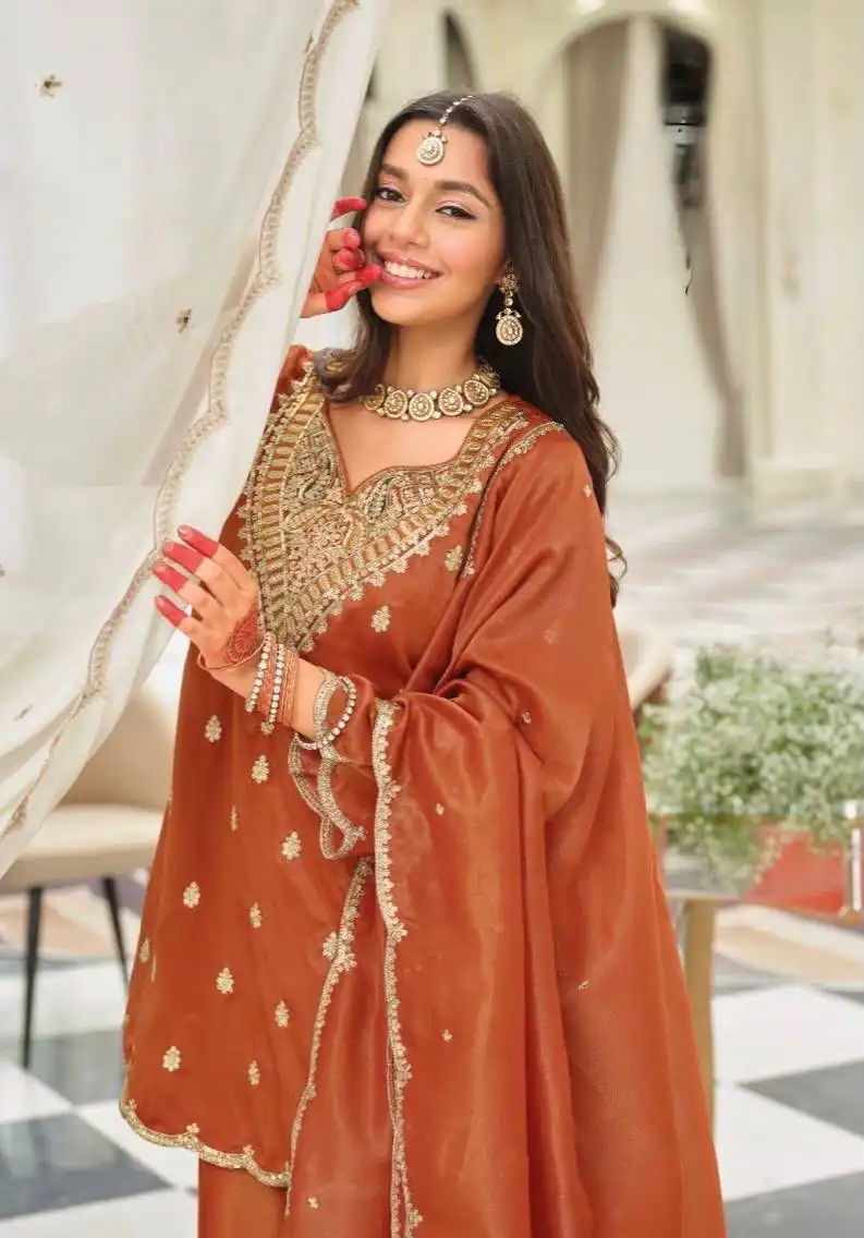 ST 243 Rust Color Natural Crep Salwar Suit with Embroidery Work. Wedding, Party, Festive, Best Price ₹2199. Delivery 4-6 Working Days. Shop now. | Jump Suits, Salwar suit, Designer Suits, Casual Suits, Creative suits, Palazzo Suits, Party Wear Suits, Patiala Suits, Straight Suits