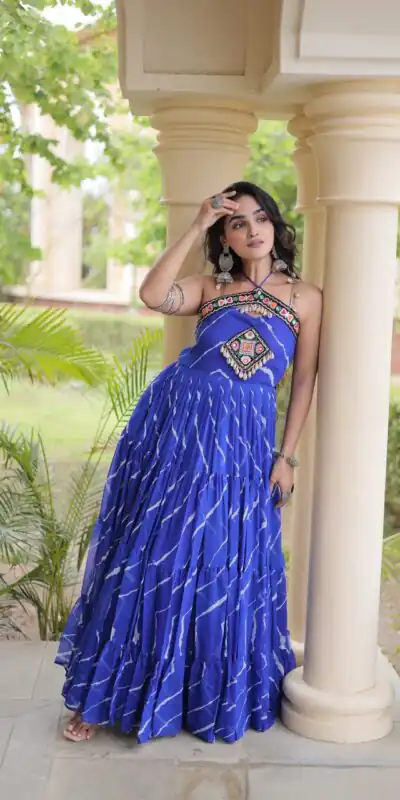 KA 1270 Blue in Colour Faux Georgette Bandhani Print Work Gown. Available at ₹2019 only. Delivery 4-6 Working Days. Shop now. | Gowns, Bollywood Gowns, Creative Gowns, Designer Gowns, Embroidered Gowns, Party Wear Gowns