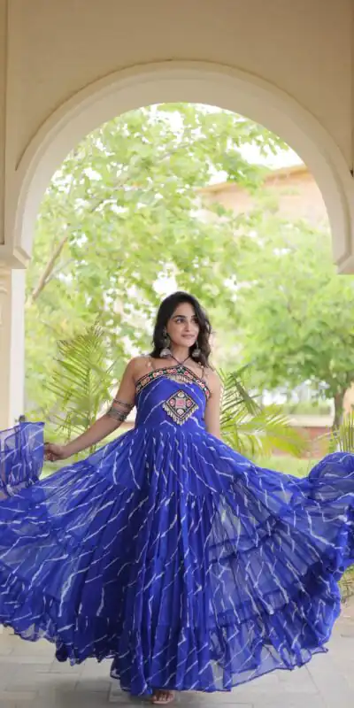 KA 1270 Blue in Colour Faux Georgette Bandhani Print Work Gown. Available at ₹2019 only. Delivery 4-6 Working Days. Shop now. | Gowns, Bollywood Gowns, Creative Gowns, Designer Gowns, Embroidered Gowns, Party Wear Gowns