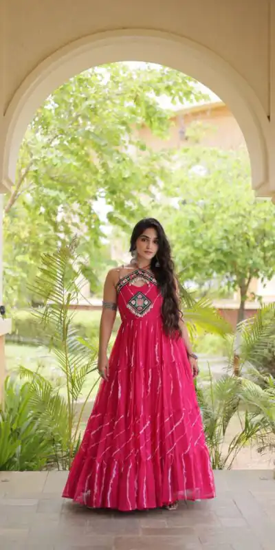 KA 1270 Pink in Colour Faux Georgette Bandhani Print Work Gown. Available at ₹2019 only. Delivery 4-6 Working Days. Shop now. | Gowns, Bollywood Gowns, Creative Gowns, Designer Gowns, Embroidered Gowns, Party Wear Gowns